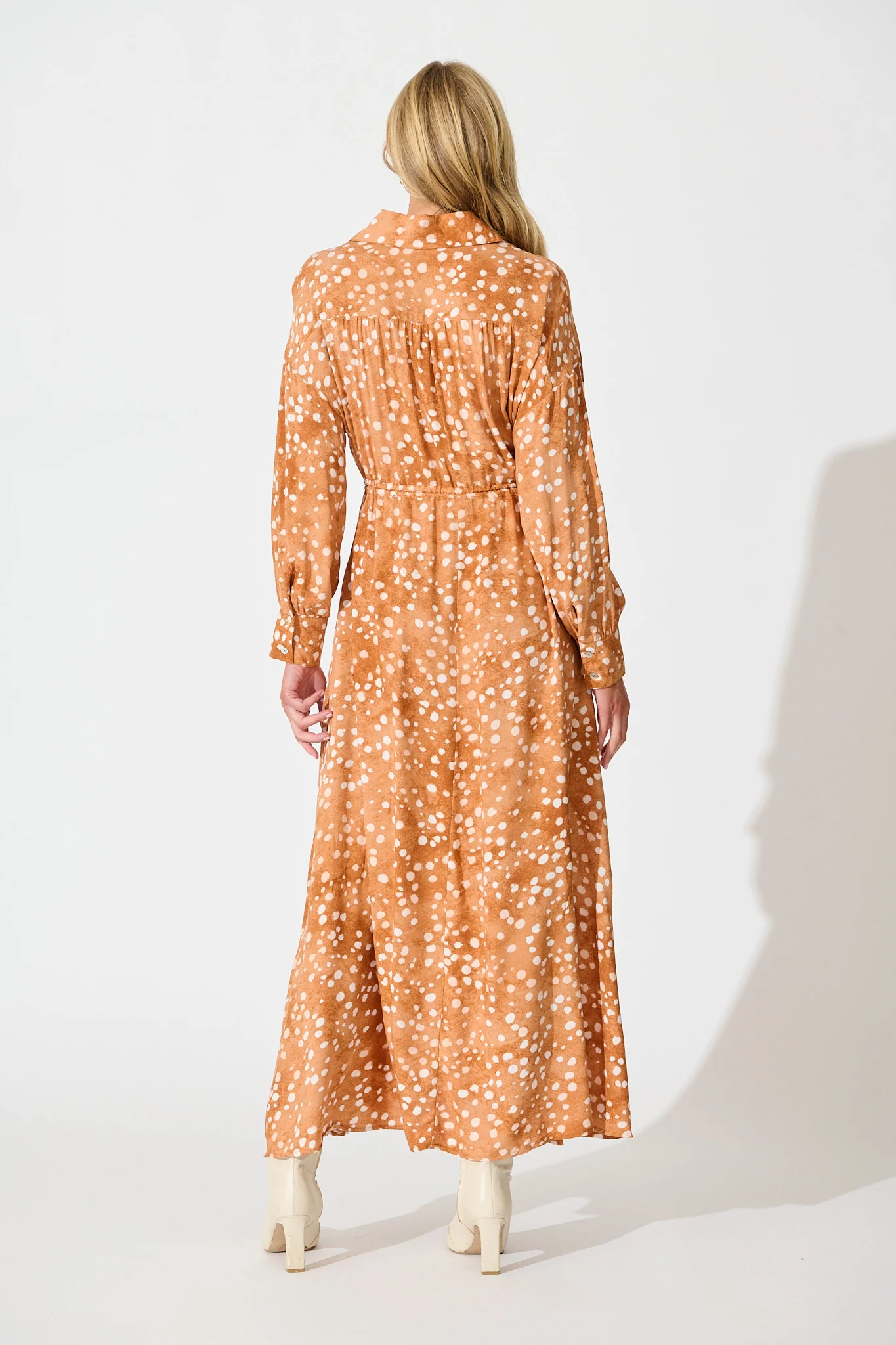 Chrishelle Maxi Shirt Dress in Tan with Cream Spot - Image 3