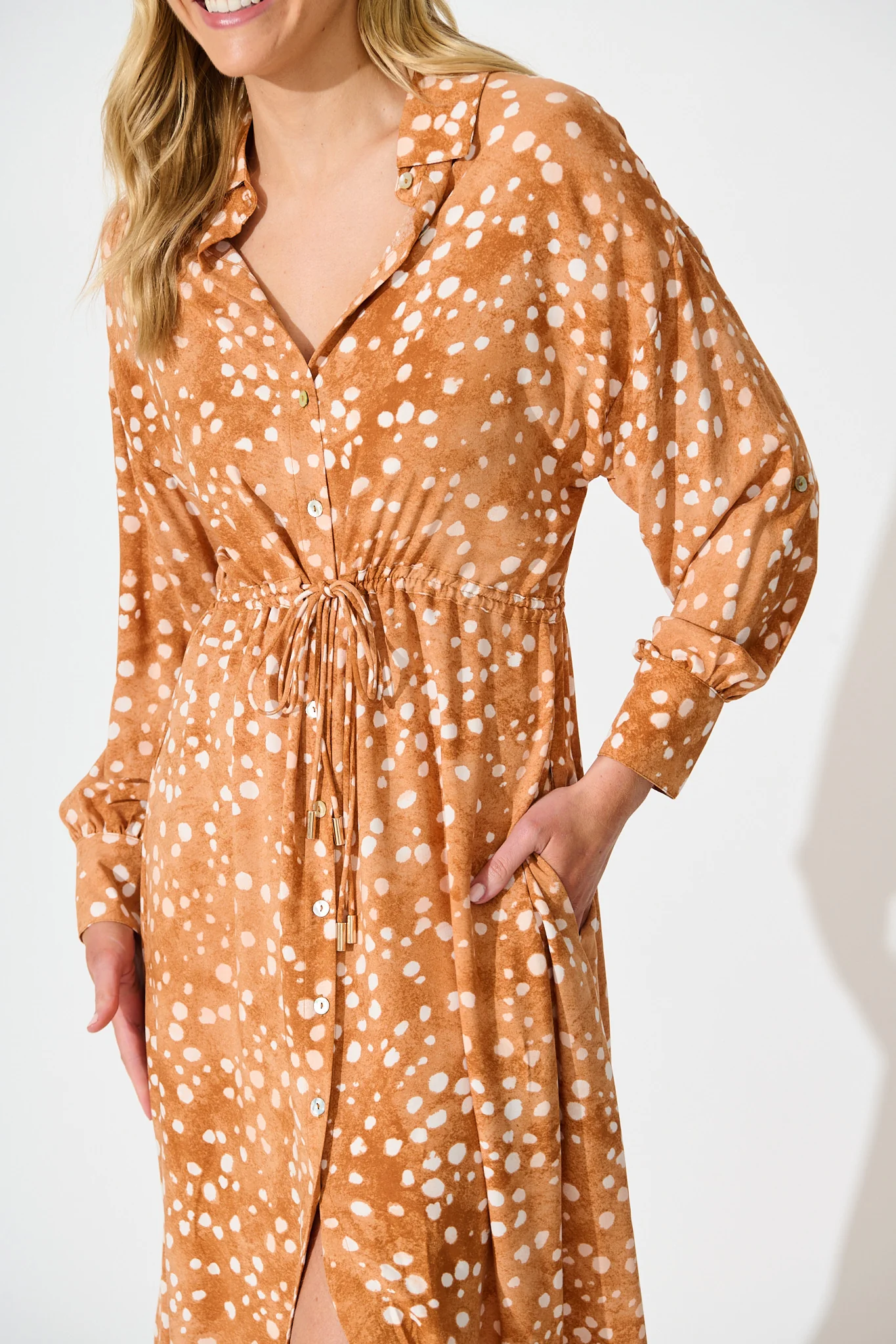 Chrishelle Maxi Shirt Dress in Tan with Cream Spot - Image 5