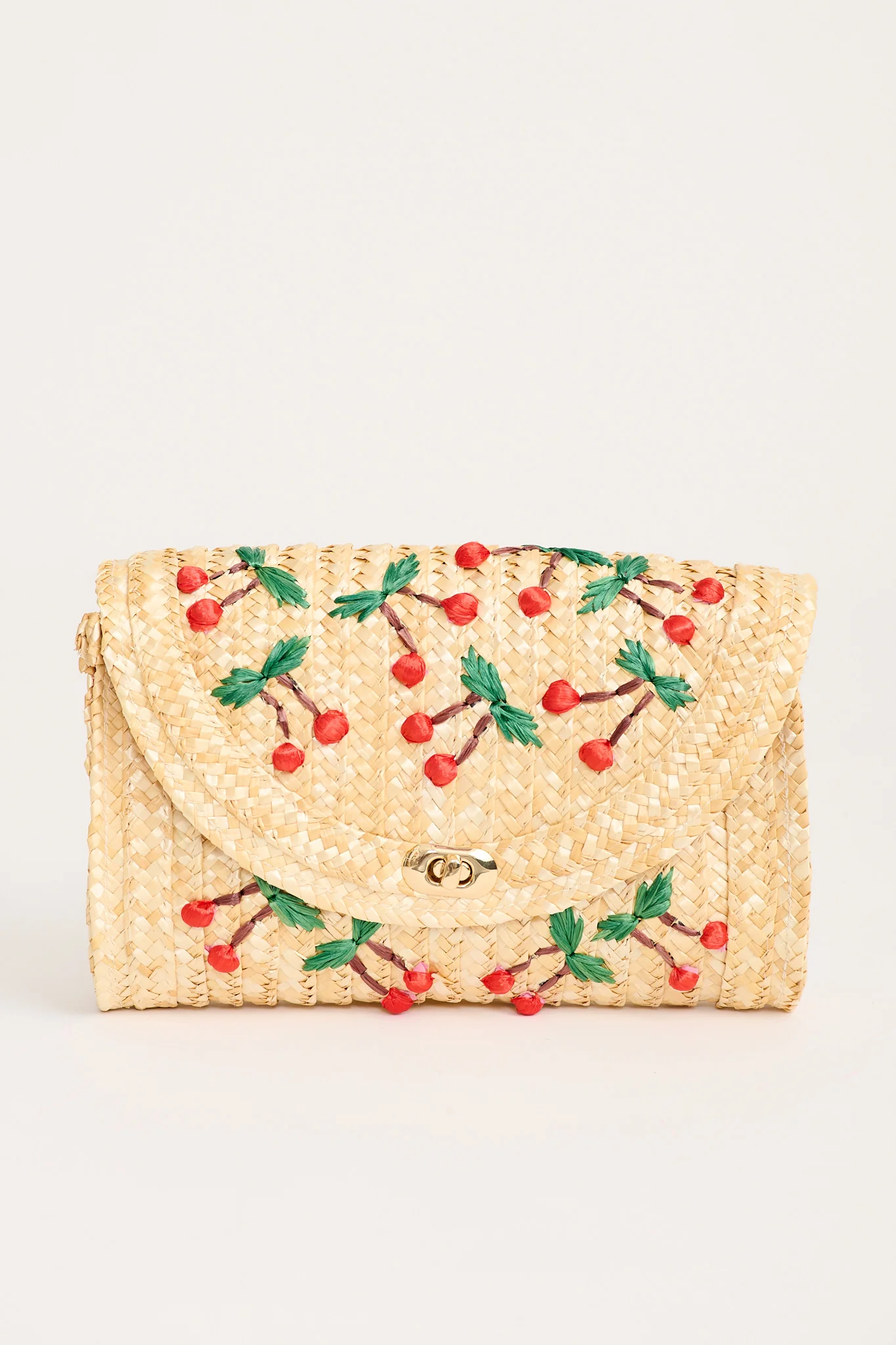 Clara Cherry Embroidered Straw Crossbody Bag in Natural