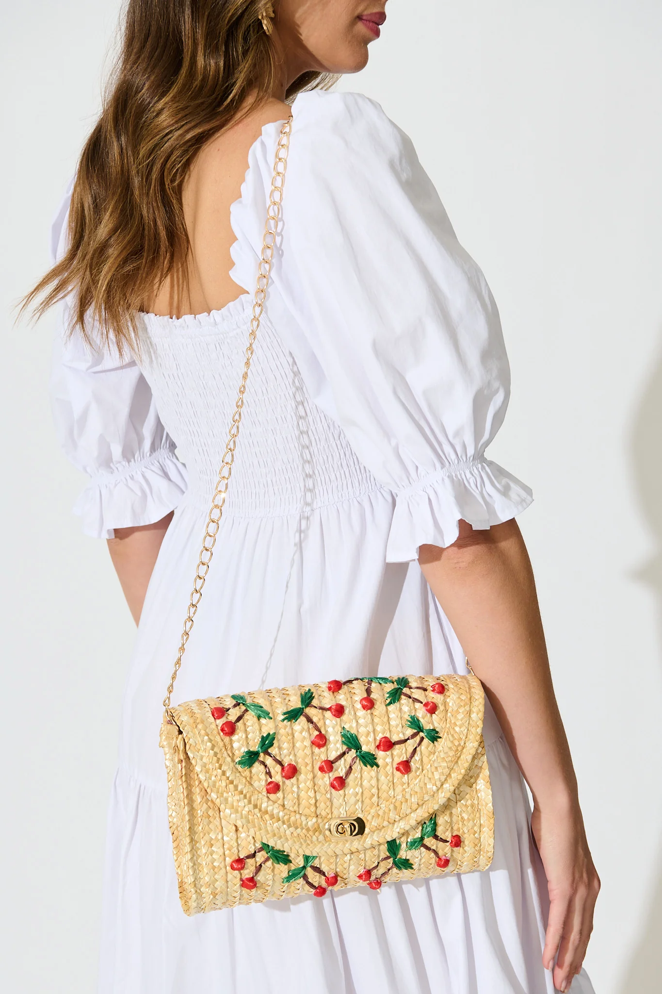 Clara Cherry Embroidered Straw Crossbody Bag in Natural - Image 5