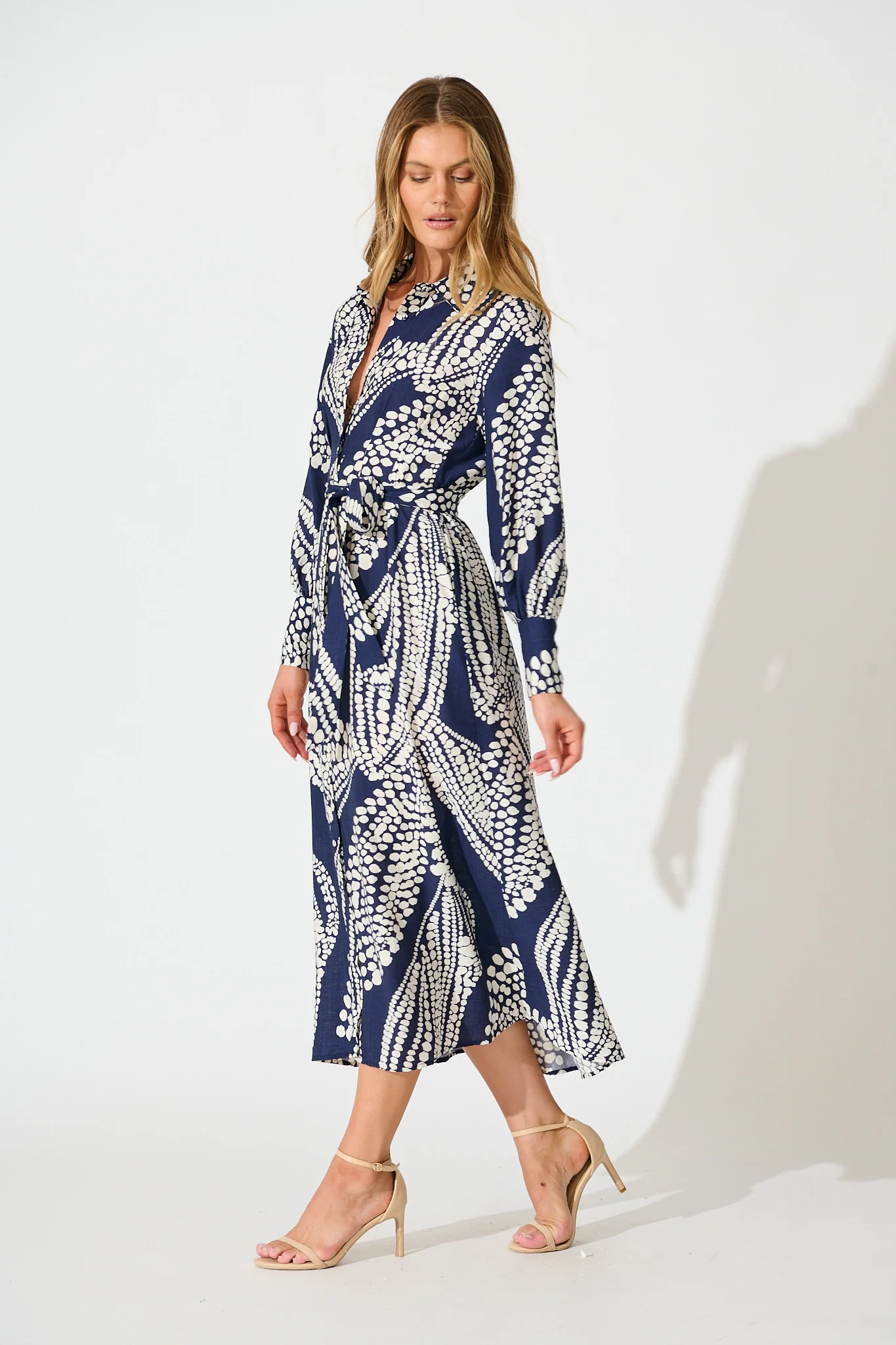 Clara Maxi Shirt Dress in Navy with White Print - Image 3