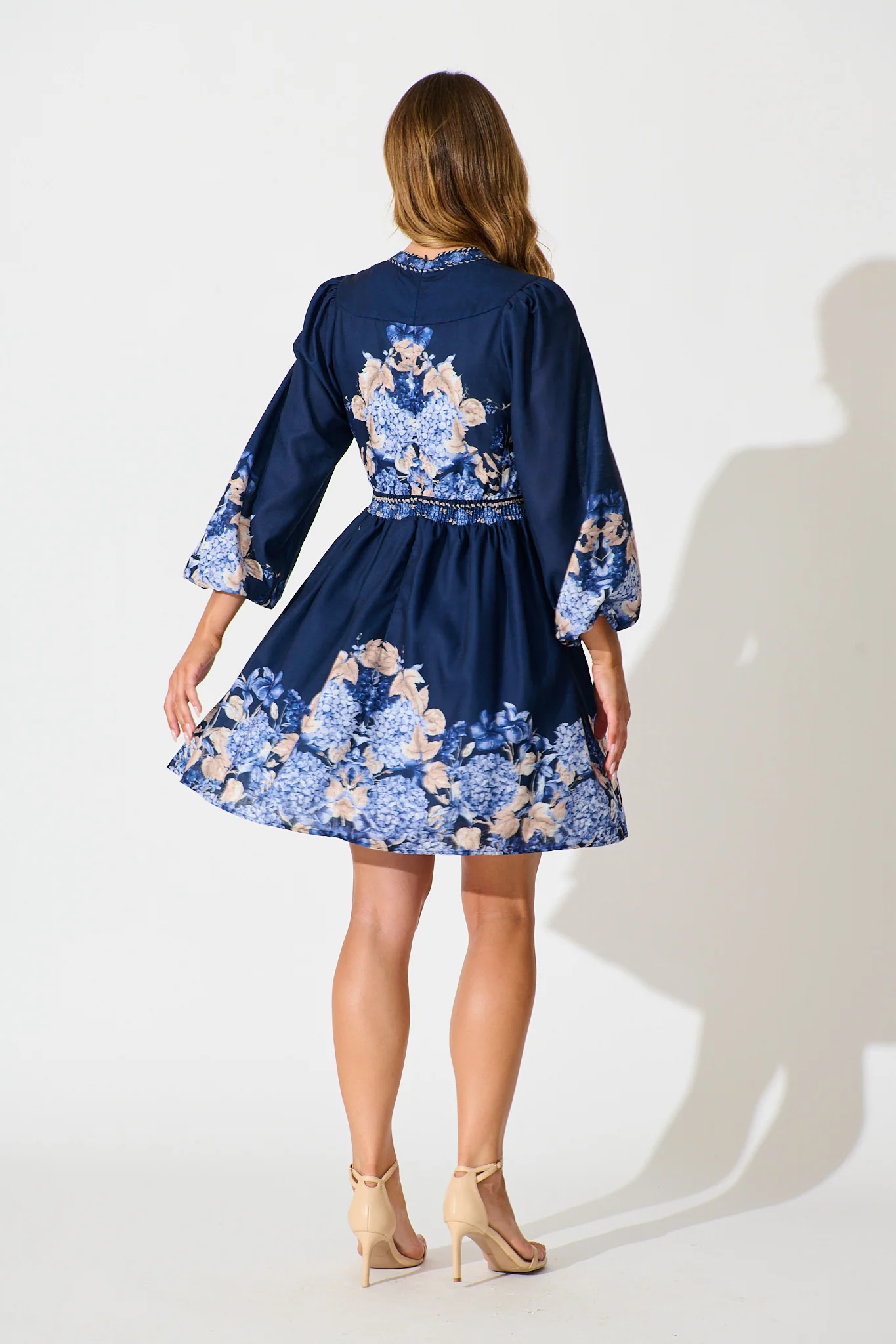 Clarion Dress in Navy Border Floral Linen Blend - Image 4