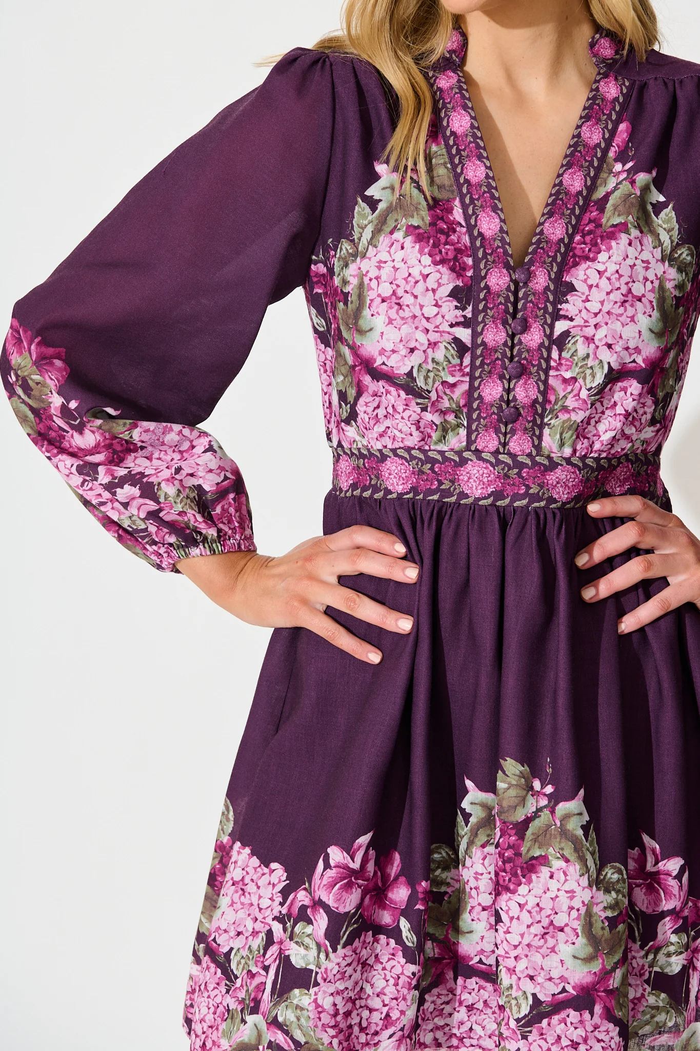 Clarion Dress in Plum Border Floral Linen Blend - Image 5