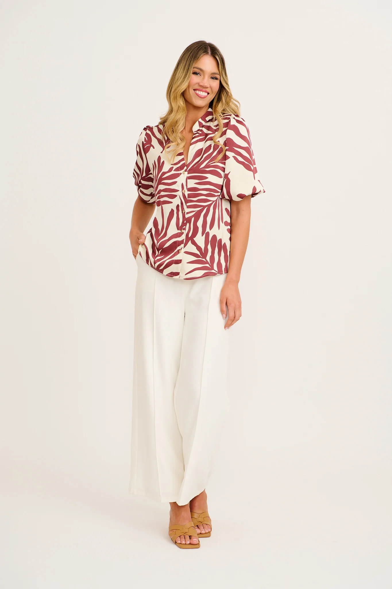Claya Top in Cream with Wine Leaf Print - Image 4