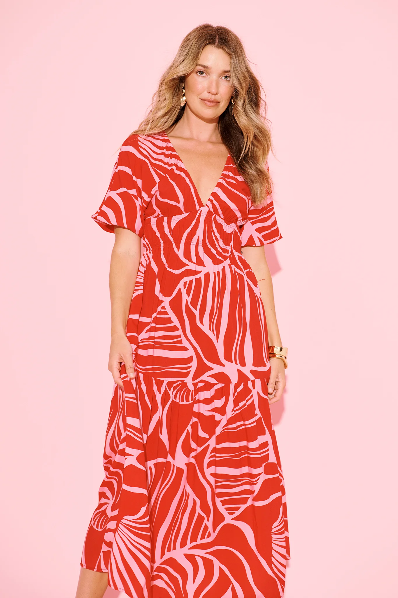 Cobana Maxi Dress in Red with Pink Print - Image 2