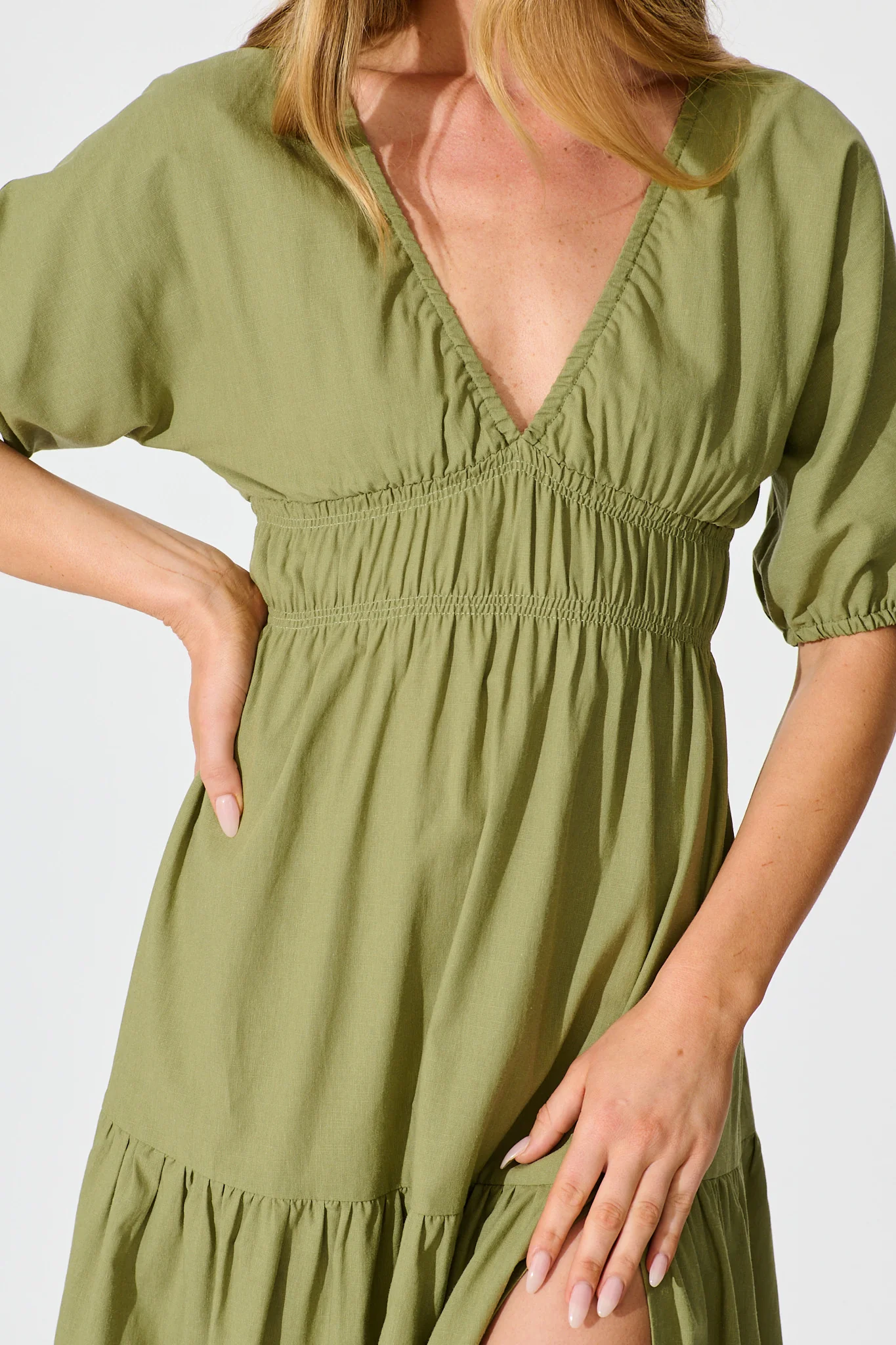 Cobana Midi Dress in Sage Cotton Linen - Image 5