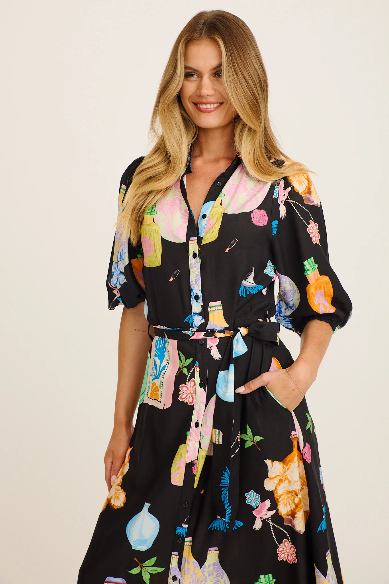 Coco Maxi Shirt Dress in Black Multi Print - Image 2