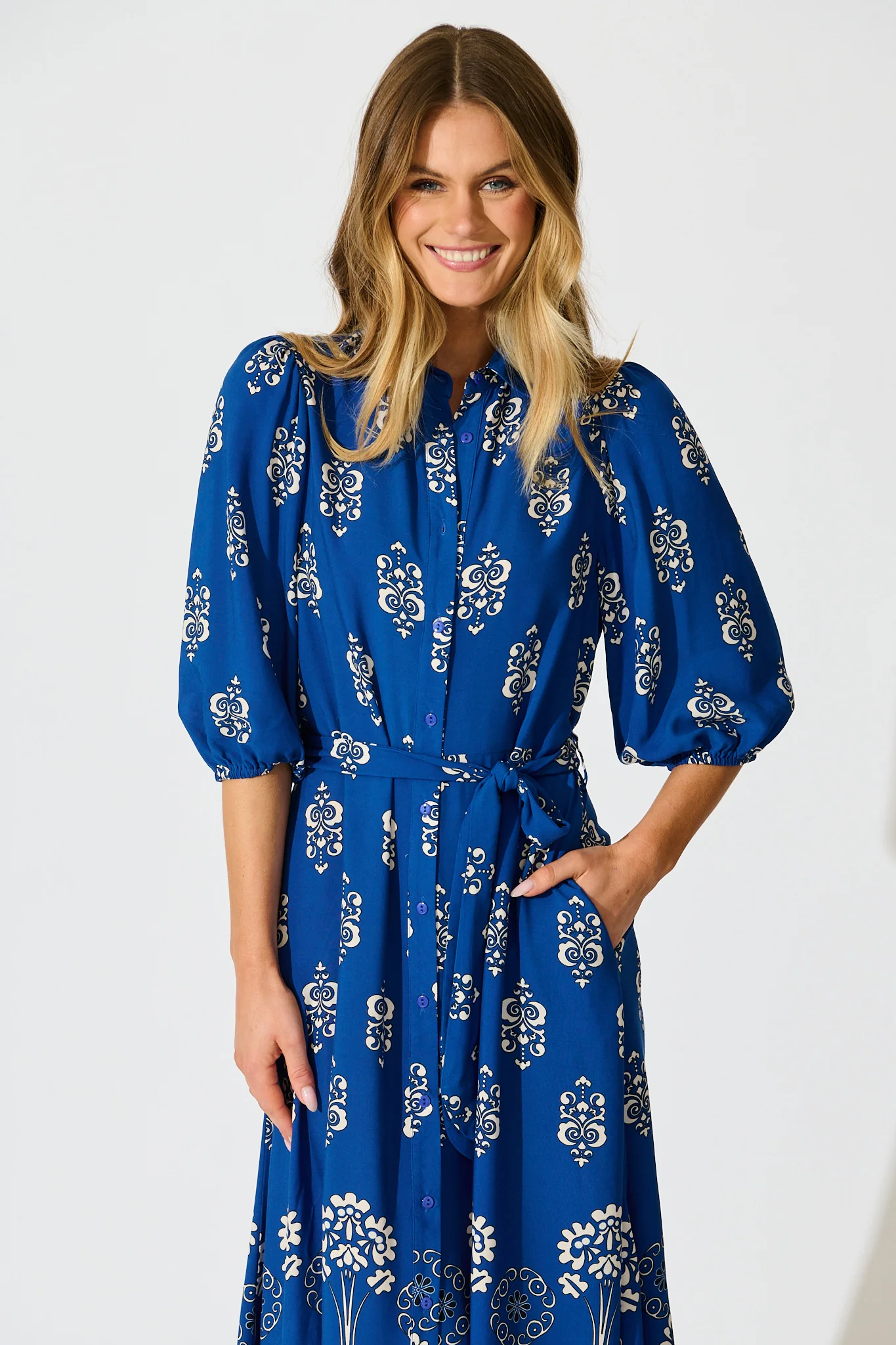 Coco Maxi Shirt Dress In Blue Print - Image 2