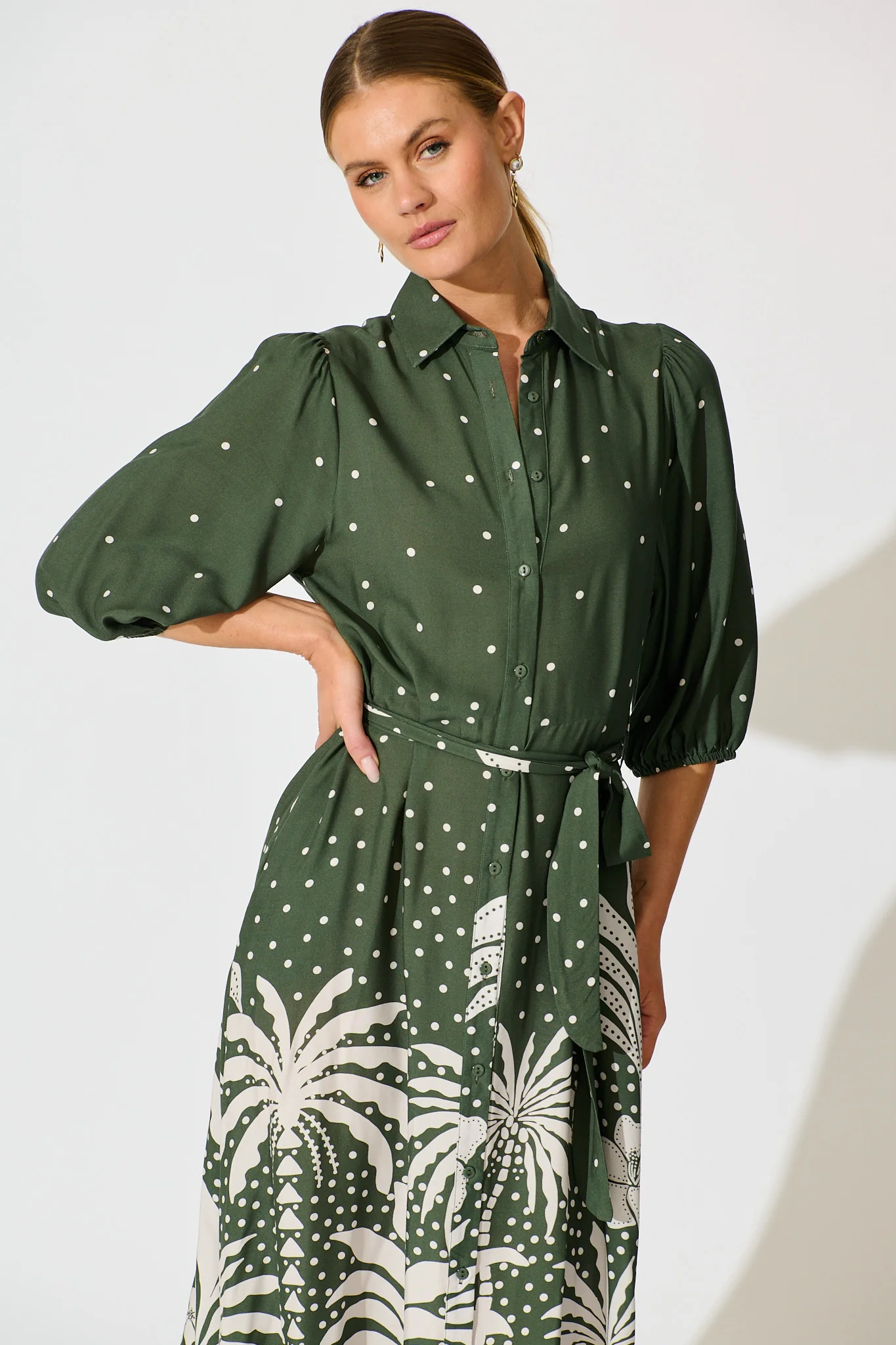 Coco Maxi Shirt Dress in Emerald with White Palm Print - Image 2