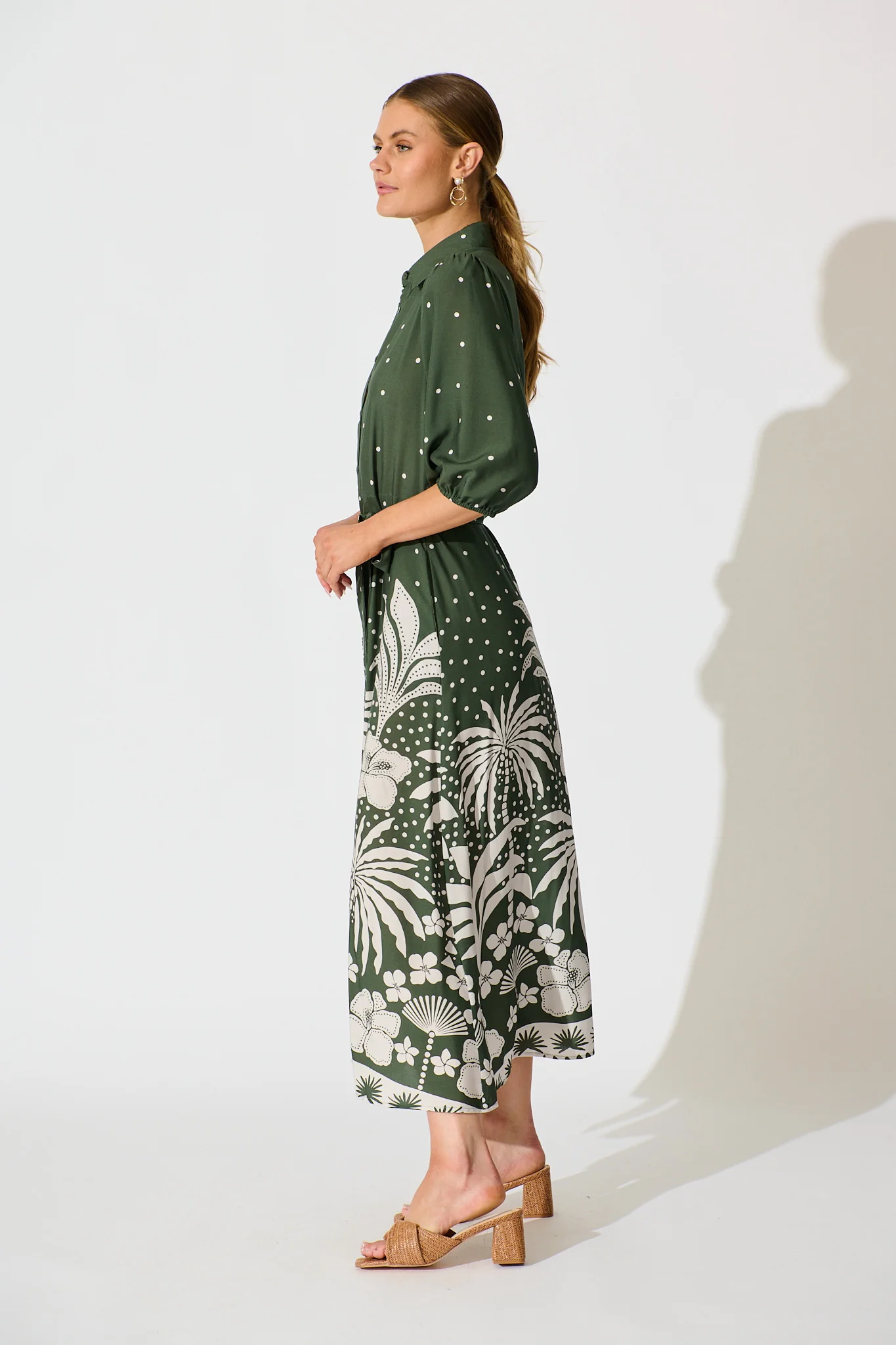 Coco Maxi Shirt Dress in Emerald with White Palm Print - Image 3