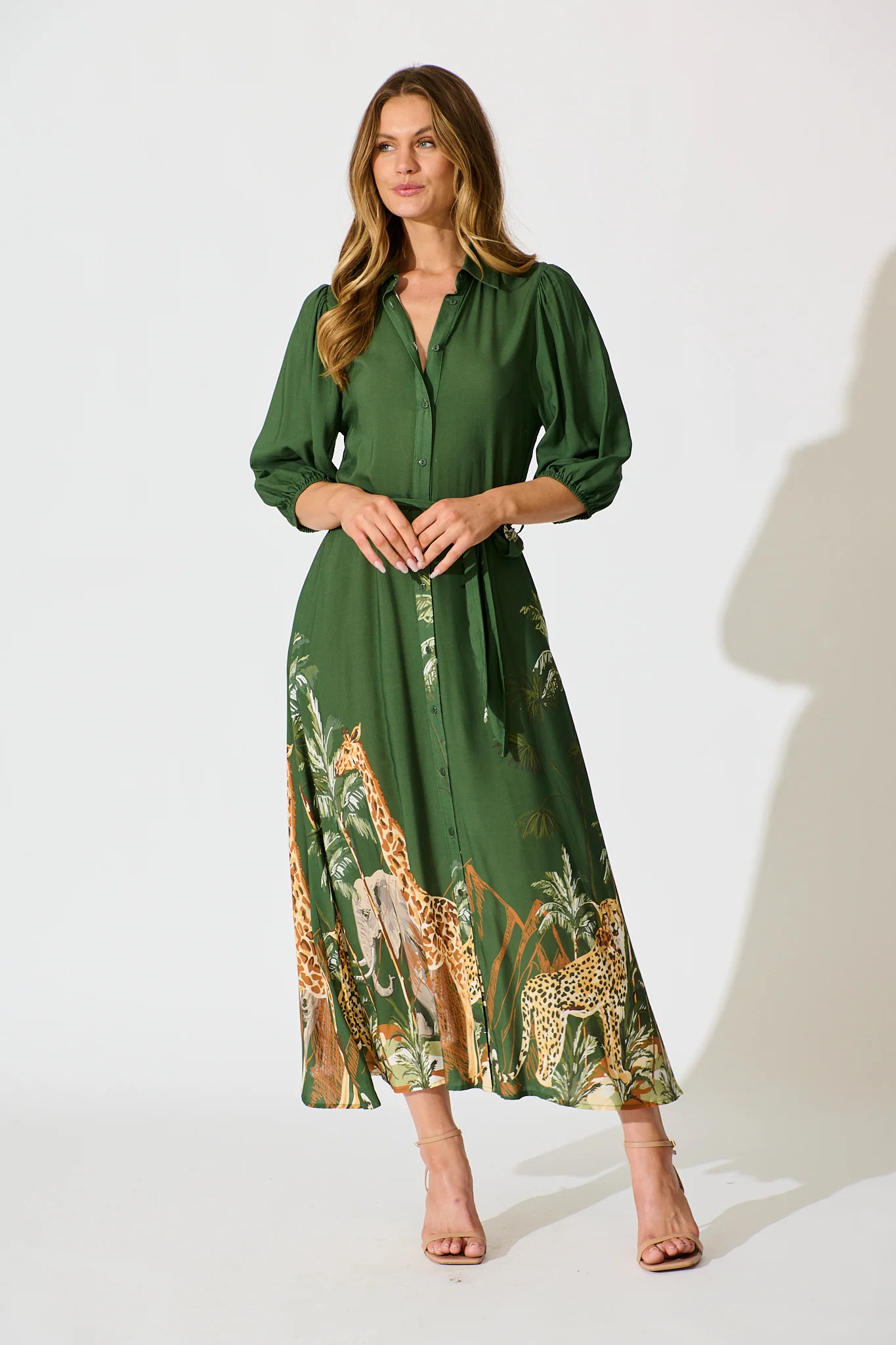 Coco Maxi Shirt Dress in Green Print