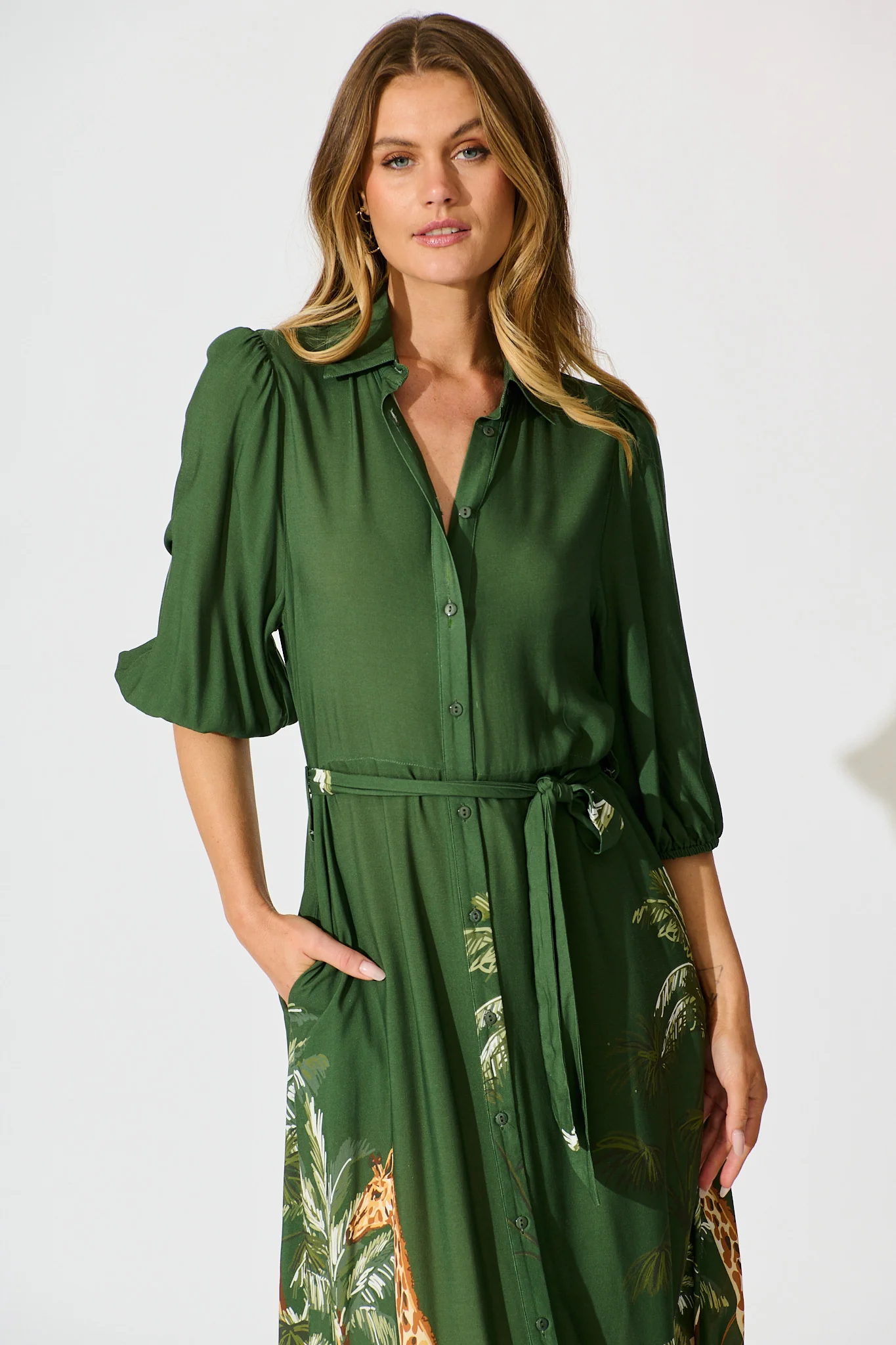 Coco Maxi Shirt Dress in Green Print - Image 2