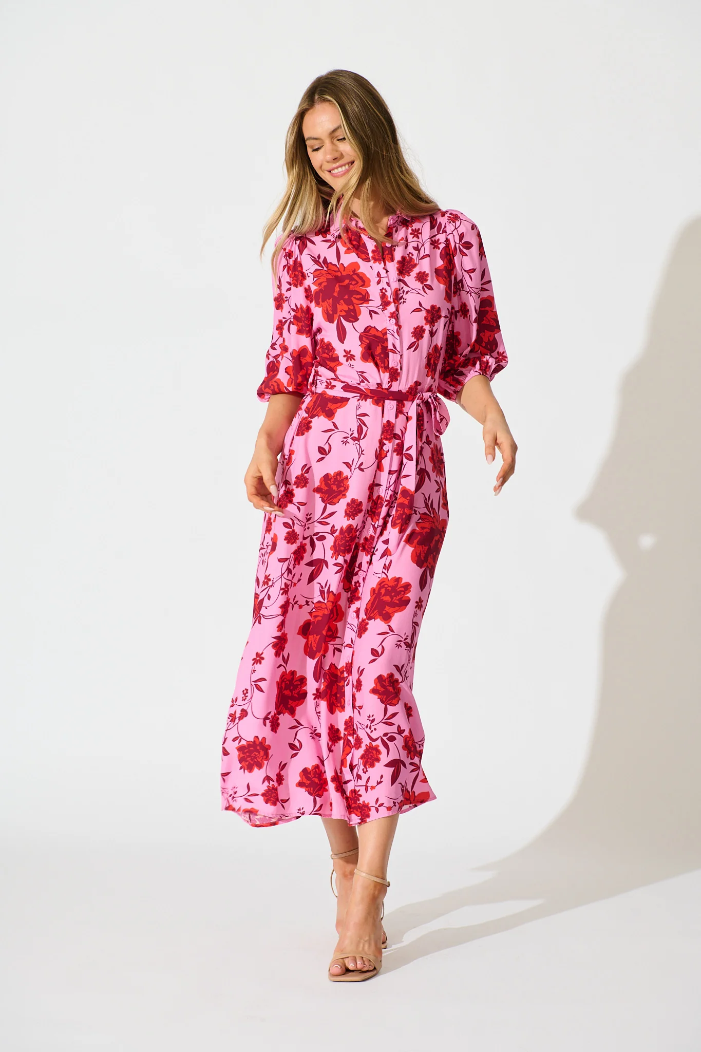 Coco Maxi Shirt Dress in Pink with Red Floral Print
