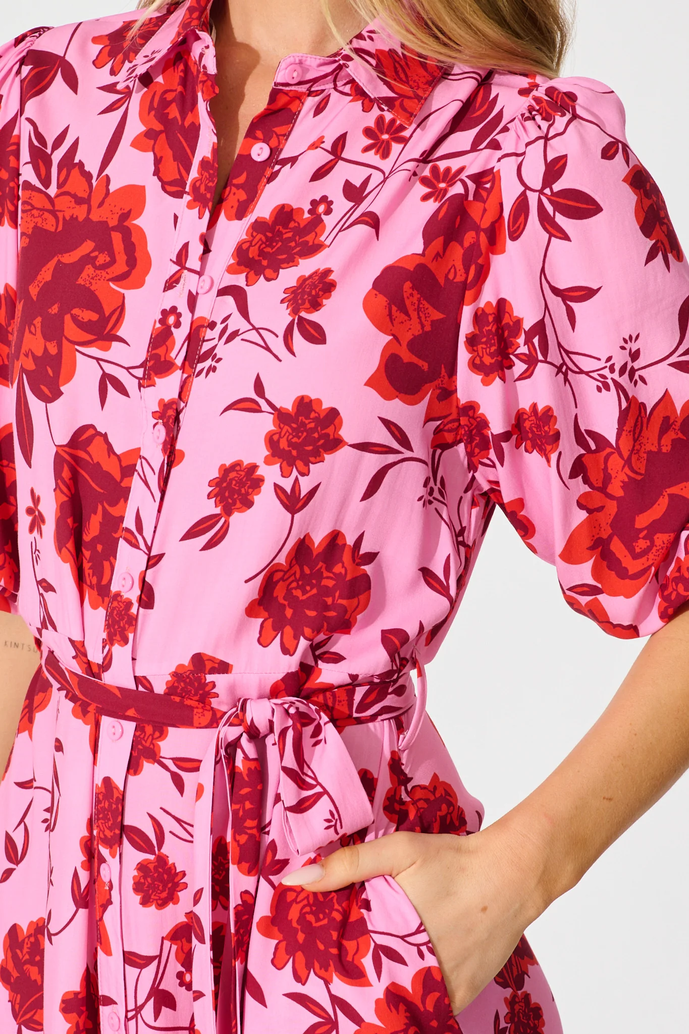 Coco Maxi Shirt Dress in Pink with Red Floral Print - Image 5