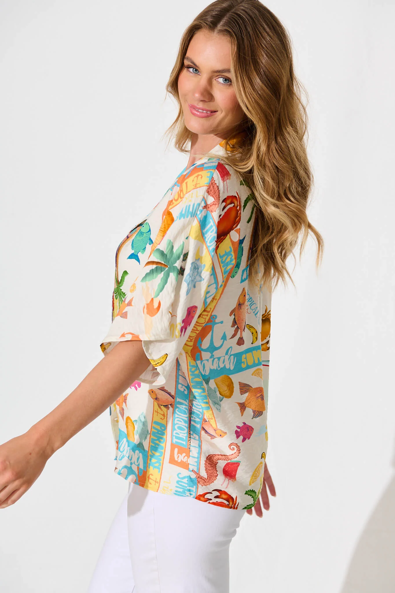 Columbia Shirt In Cream With Multi Summer Print - Image 2