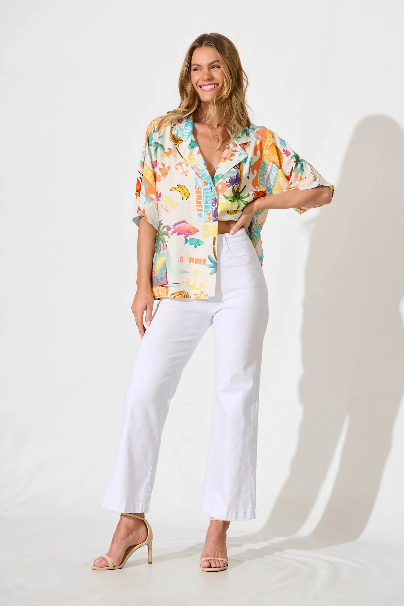 Columbia Shirt In Cream With Multi Summer Print - Image 5
