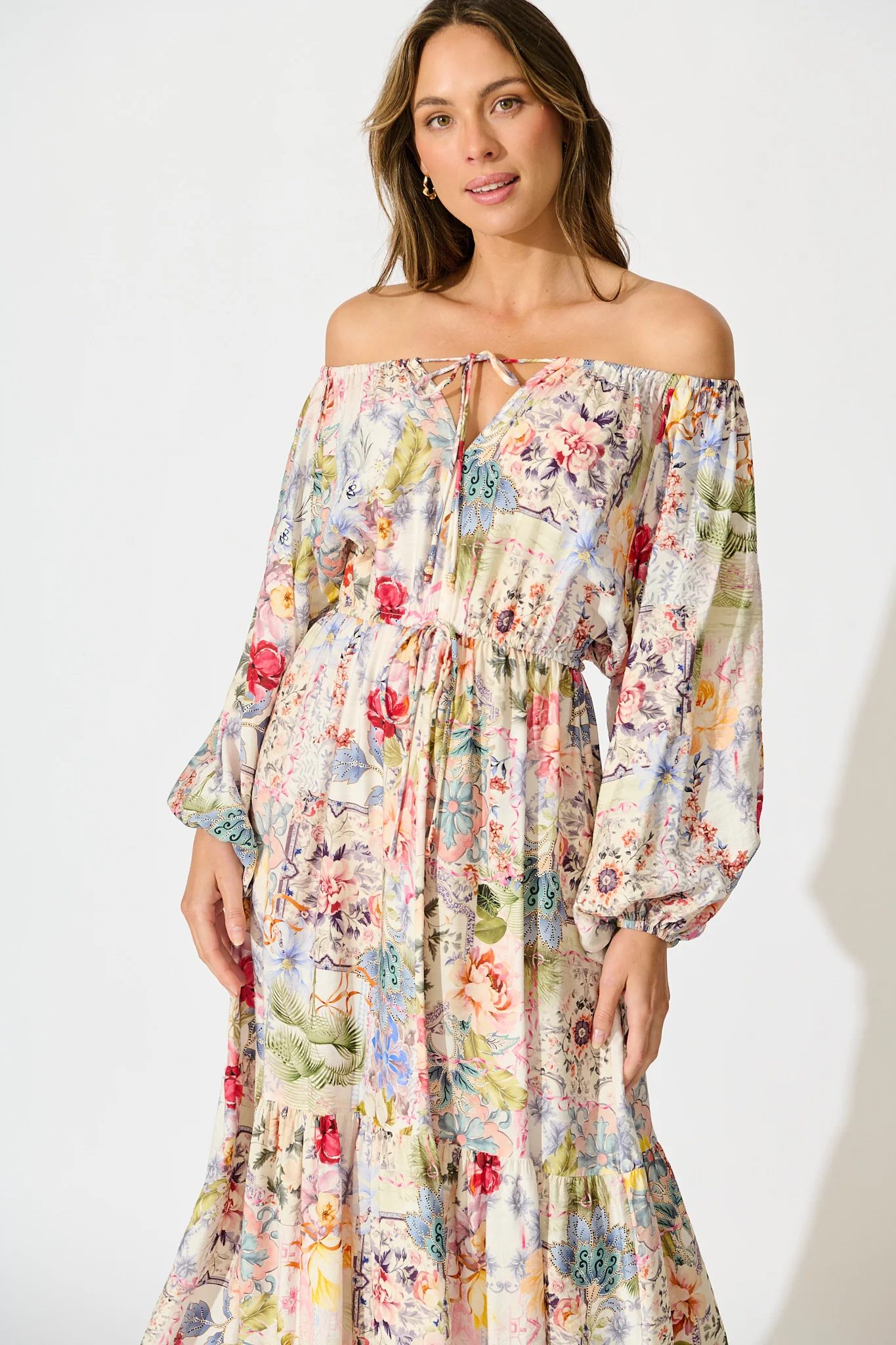 Connie Midi Dress in White with Multi Floral Print - Image 2