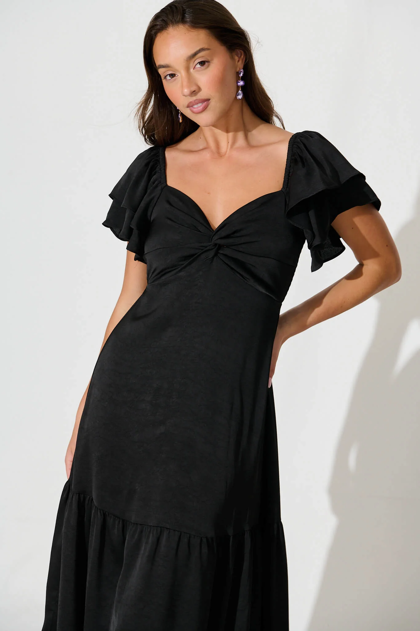 Constantine Maxi Dress In Black Crinkle Satin - Image 2