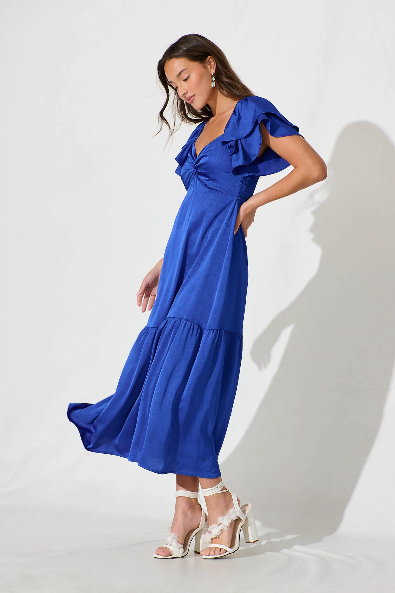 Constantine Maxi Dress In Cobalt Crinkle Satin - Image 3