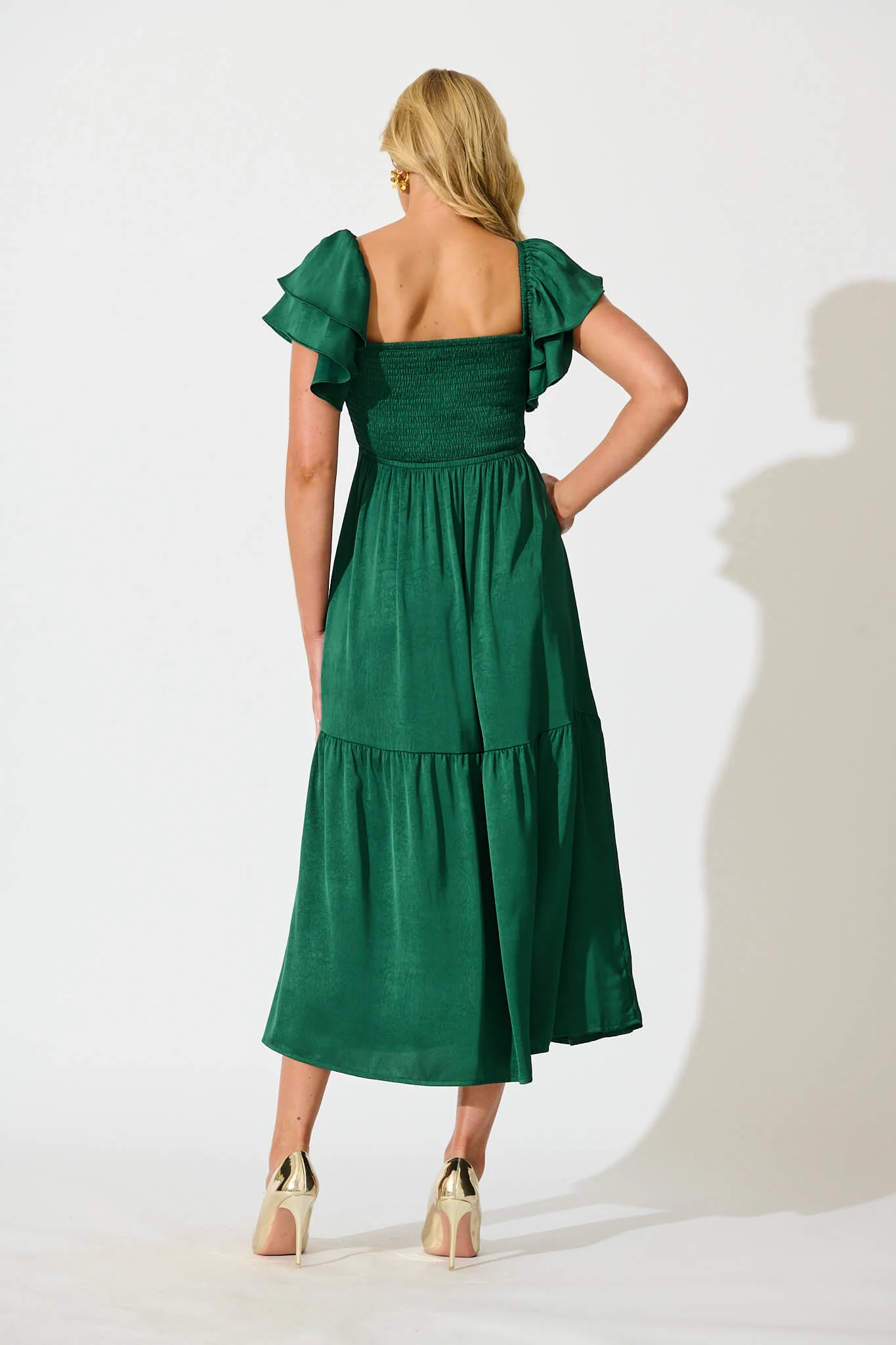 Constantine Maxi Dress in Emerald Green Crinkle Satin - Image 4
