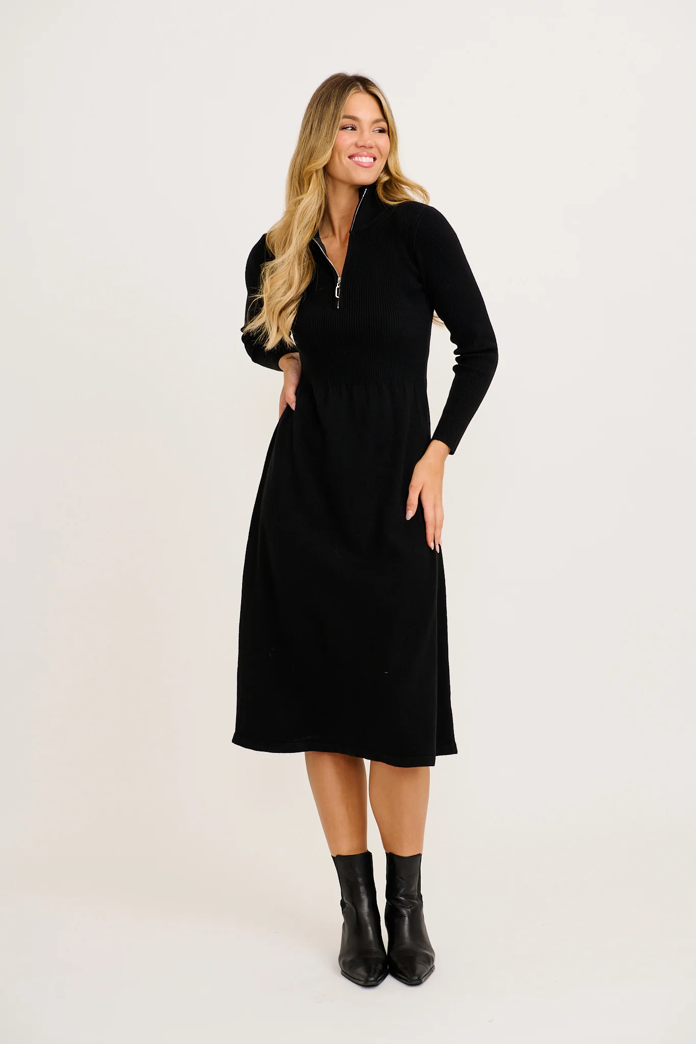 Contour Knit Zip Midi Dress in Black