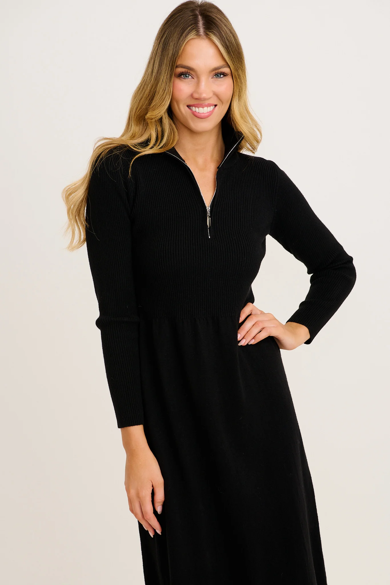 Contour Knit Zip Midi Dress in Black - Image 2