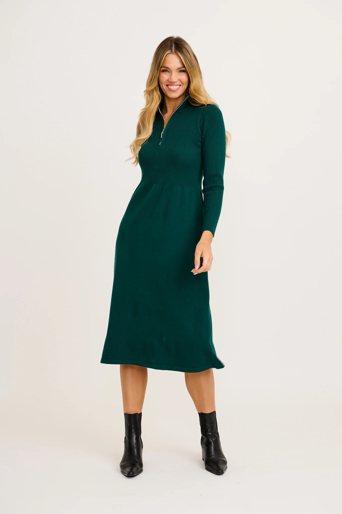 Contour Knit Zip Midi Dress in Green