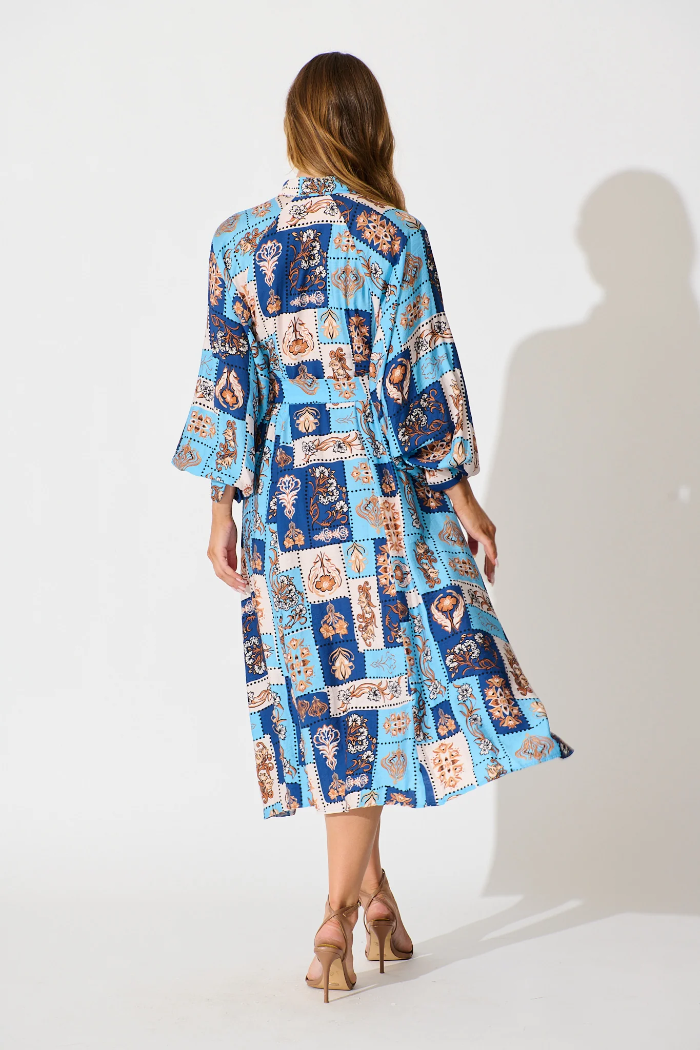 Corina Midi Dress in Blue with Brown Patchwork Print - Image 3