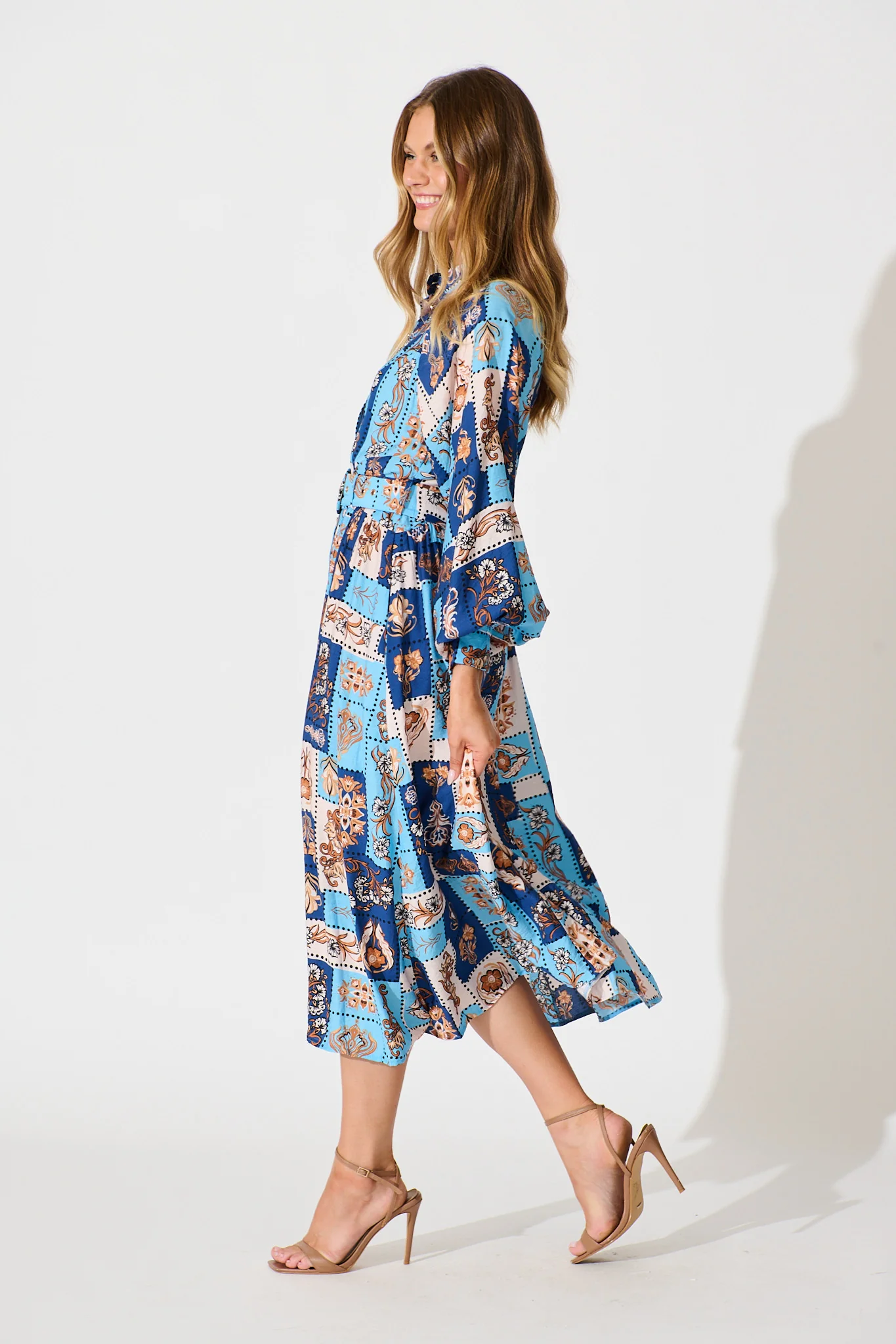 Corina Midi Dress in Blue with Brown Patchwork Print - Image 4