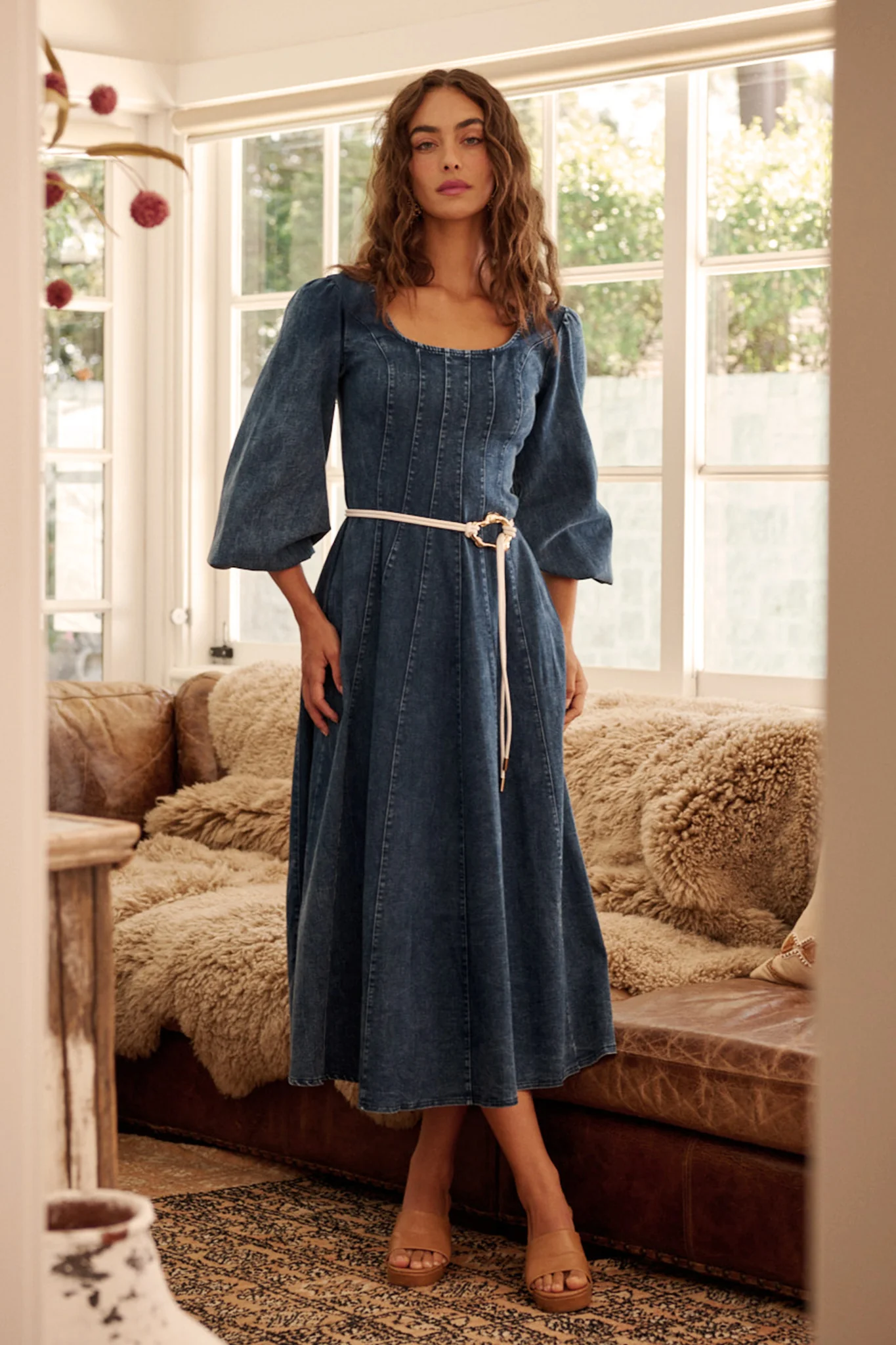 Cosmic Girl Midi Dress in Dark Blue Denim Wash