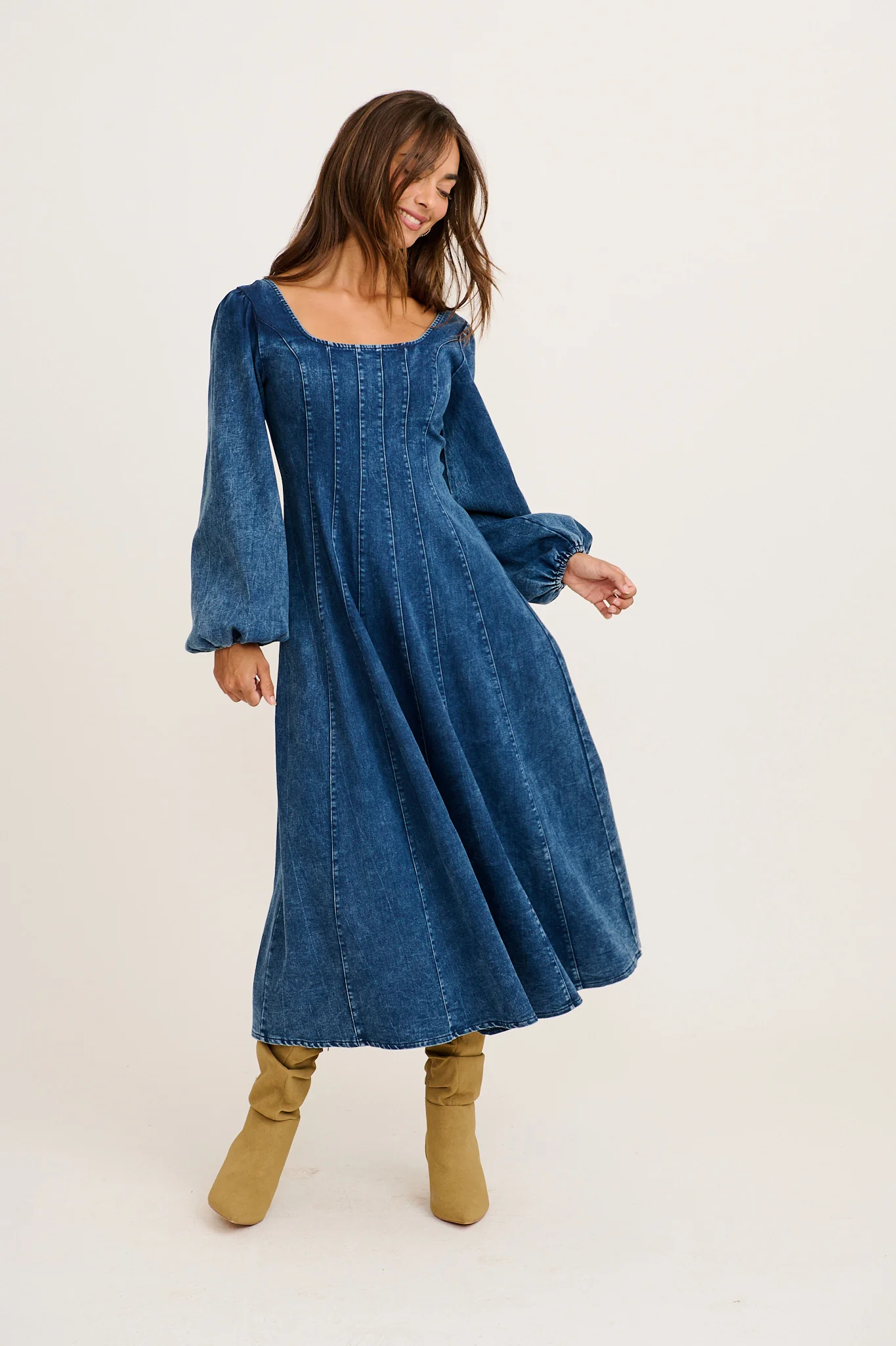 Cosmic Girl Midi Dress in Dark Blue Denim Wash - Image 3