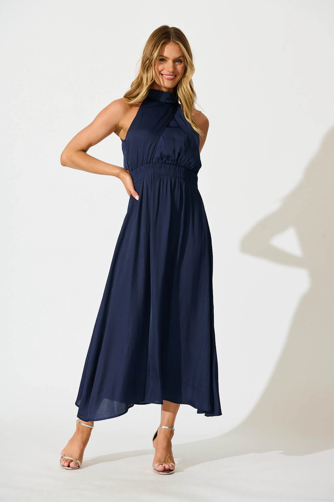 Costa Rica Halter Neck Maxi Dress in Navy Satin - Image 4