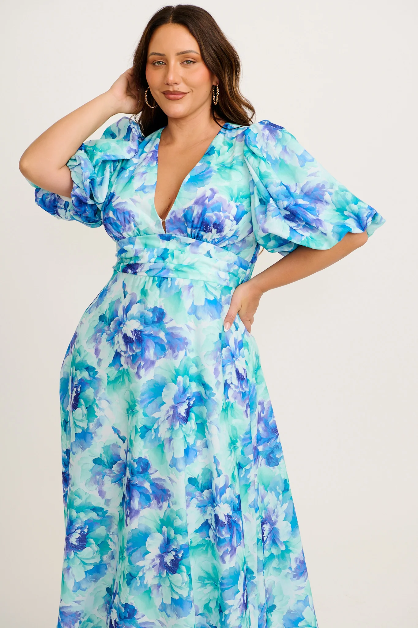 Countess Maxi Dress in Blue Floral Linen Blend - Image 2