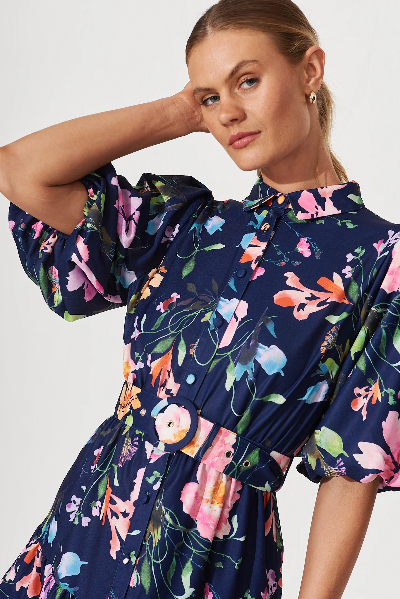 Courtney Shirt Dress In Navy With Multi Floral Print - Image 6