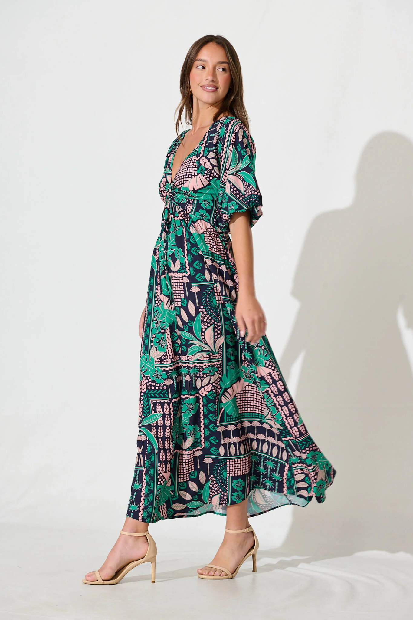 Coverdale Maxi Dress In Navy With Green And Blush Patchwork - Image 3