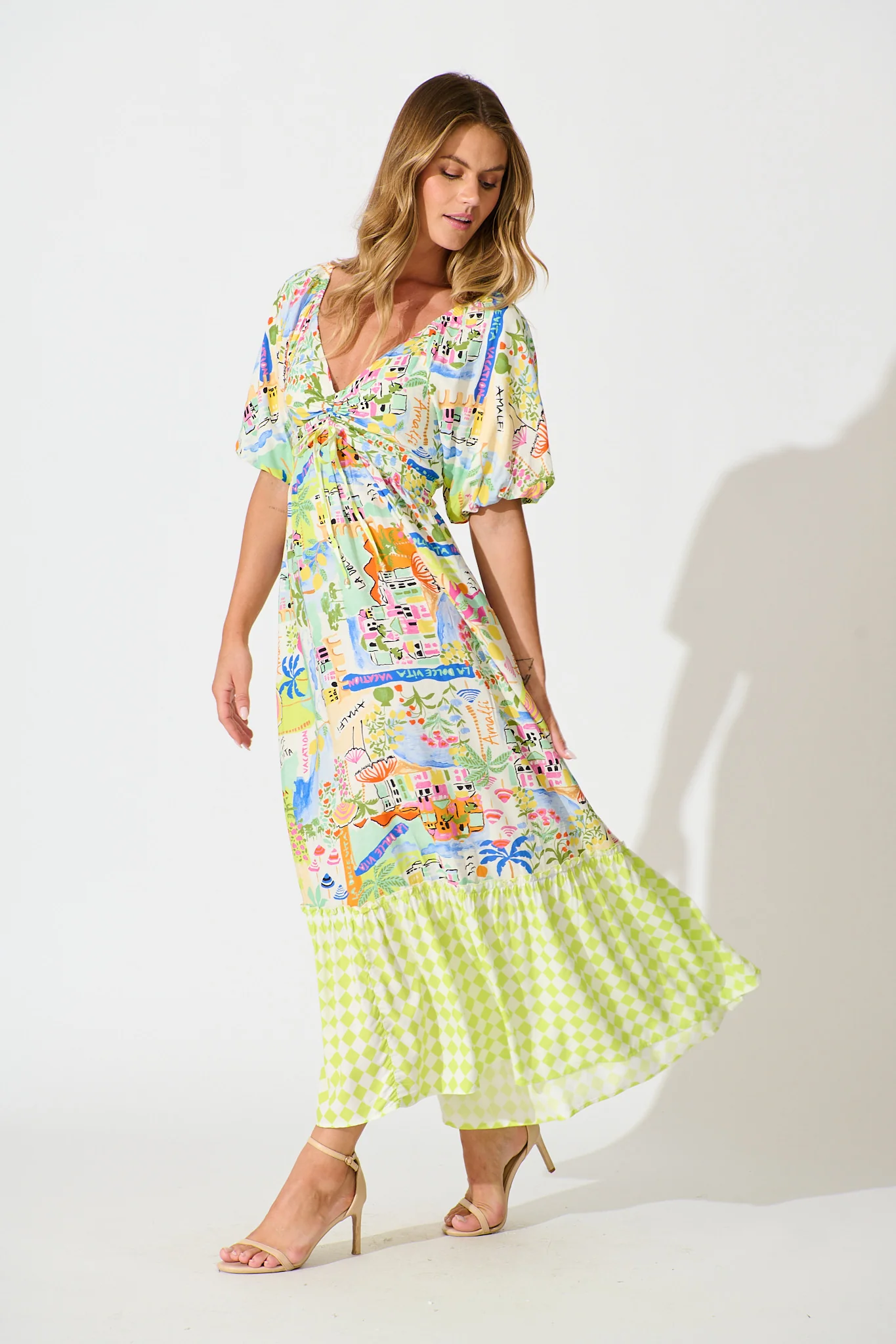 Coverdale Maxi Dress in White With Bright Multi Border Print - Image 3