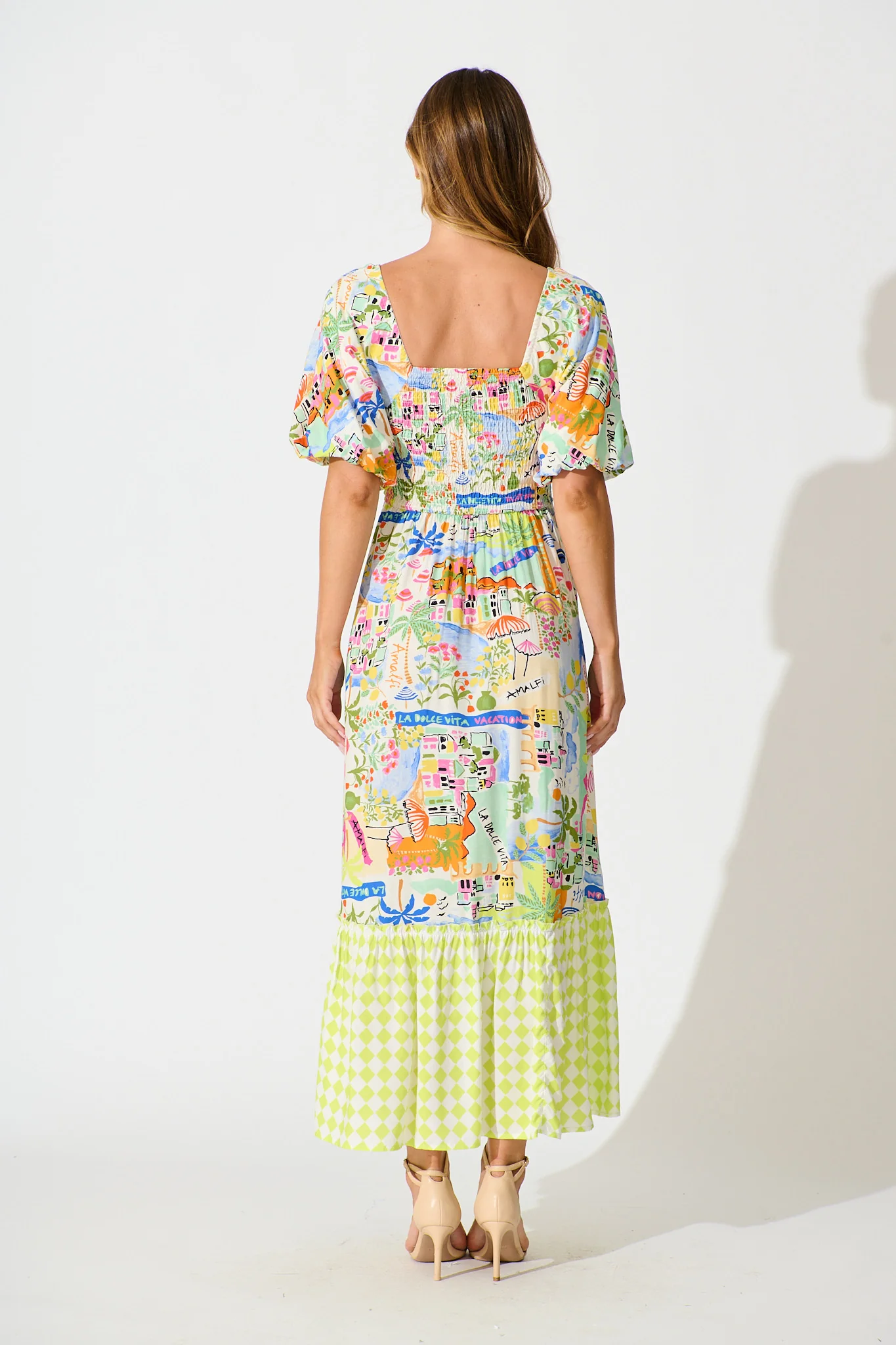 Coverdale Maxi Dress in White With Bright Multi Border Print - Image 4