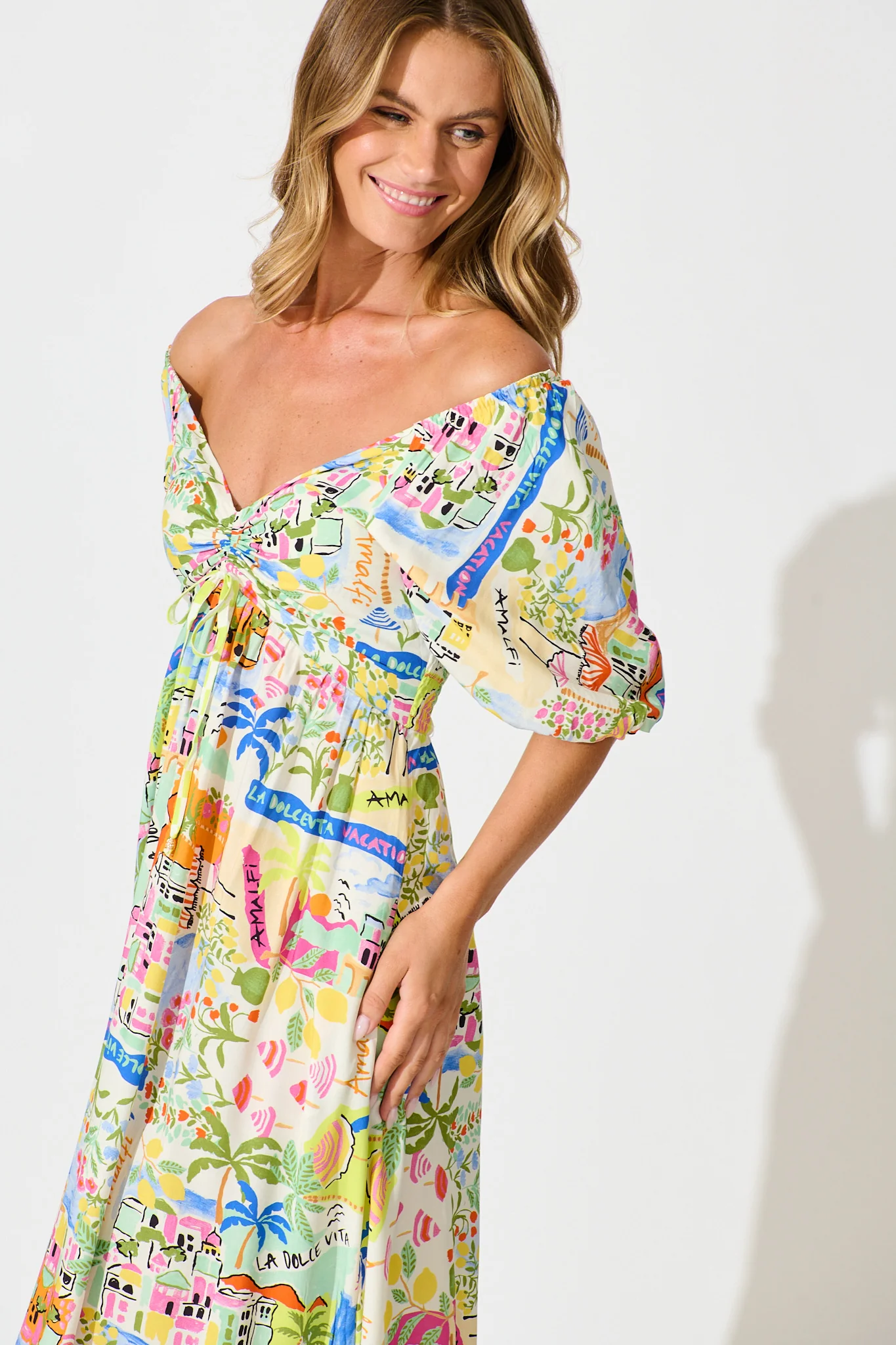 Coverdale Maxi Dress in White With Bright Multi Border Print - Image 5