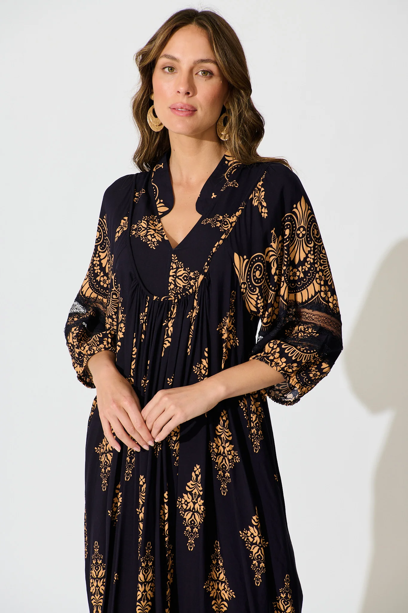 Covey Midi Dress in Navy with Tan Boho Linen Blend - Image 2
