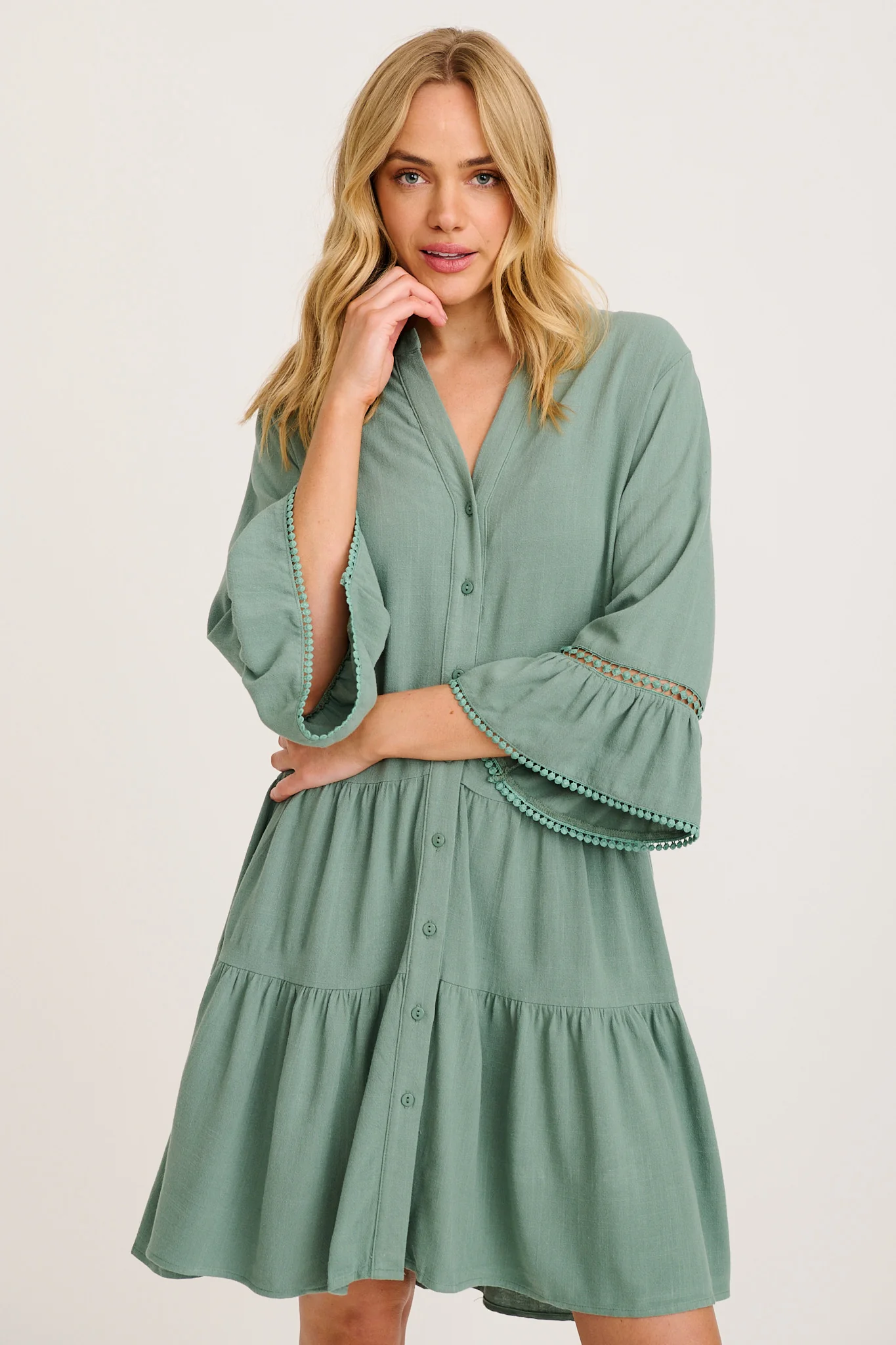 Damela Smock Dress in Sage Linen - Image 2