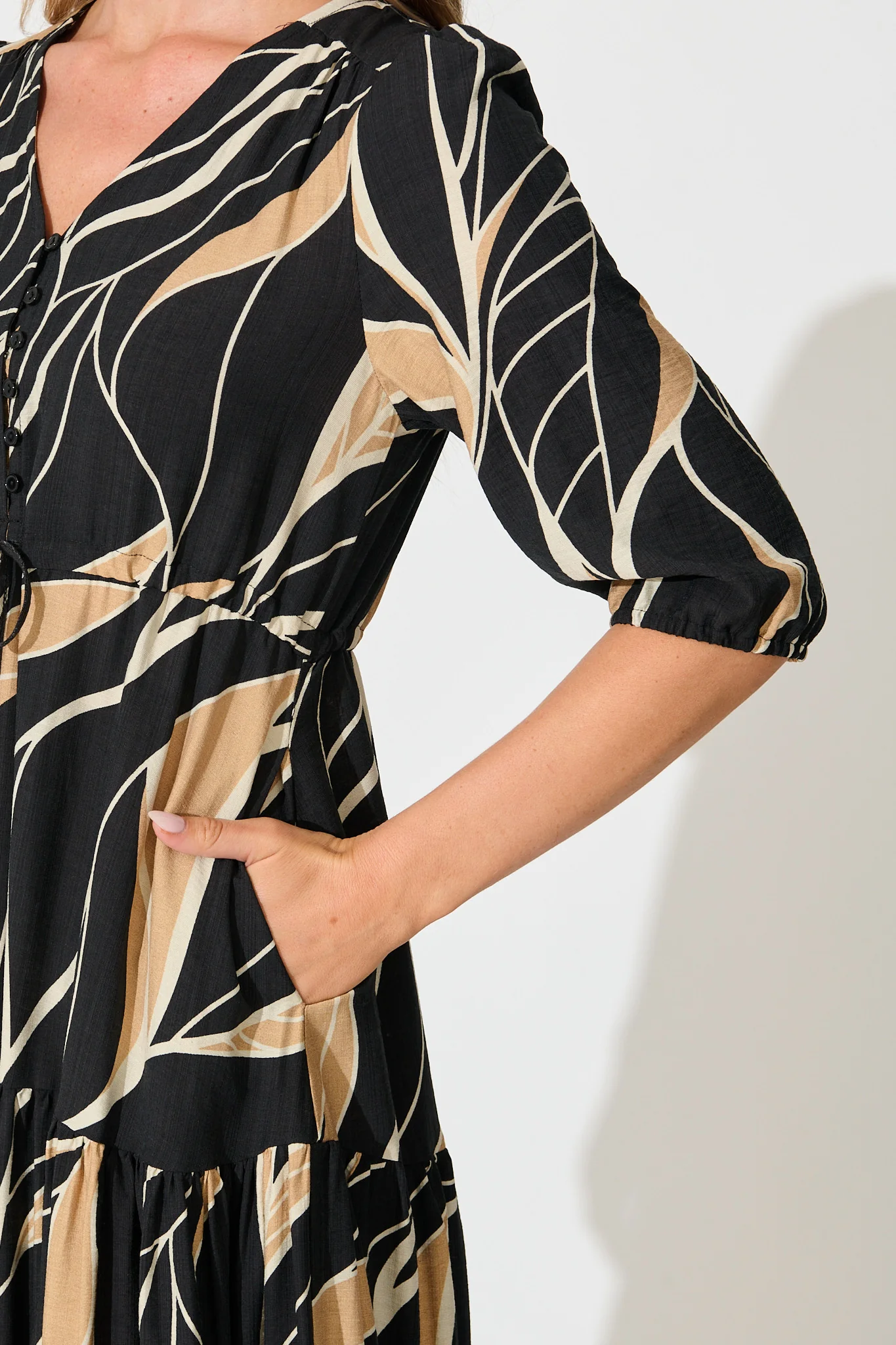 Danielle Midi Dress in Black with Neutral Print - Image 6