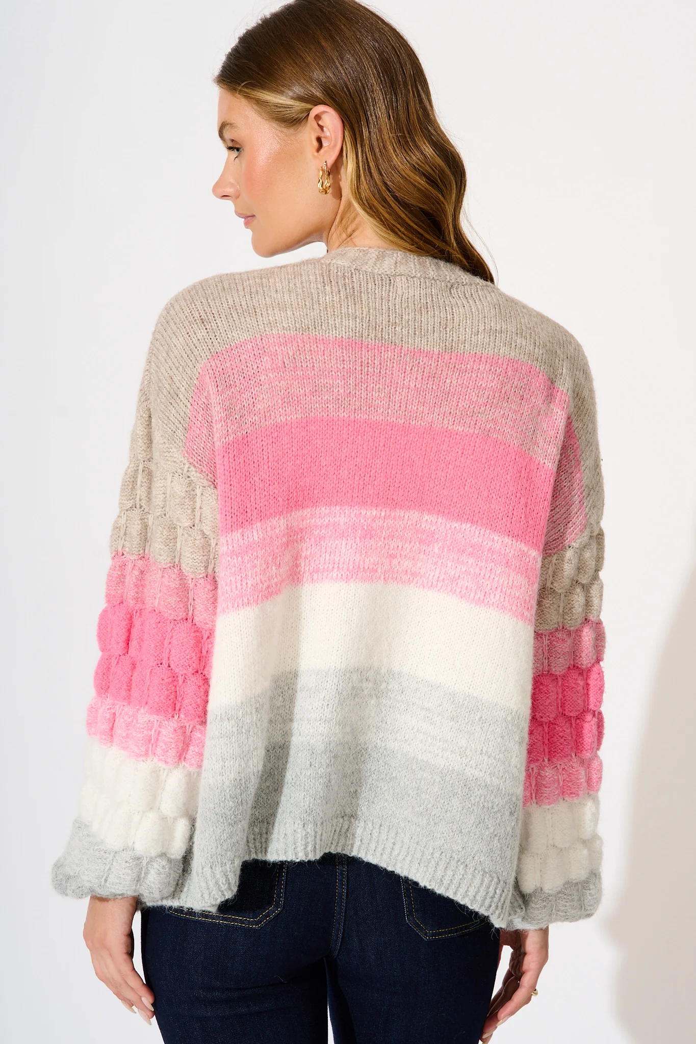 Darbie Knit Cardigan in Pink with Grey Stripe Wool Blend - Image 3
