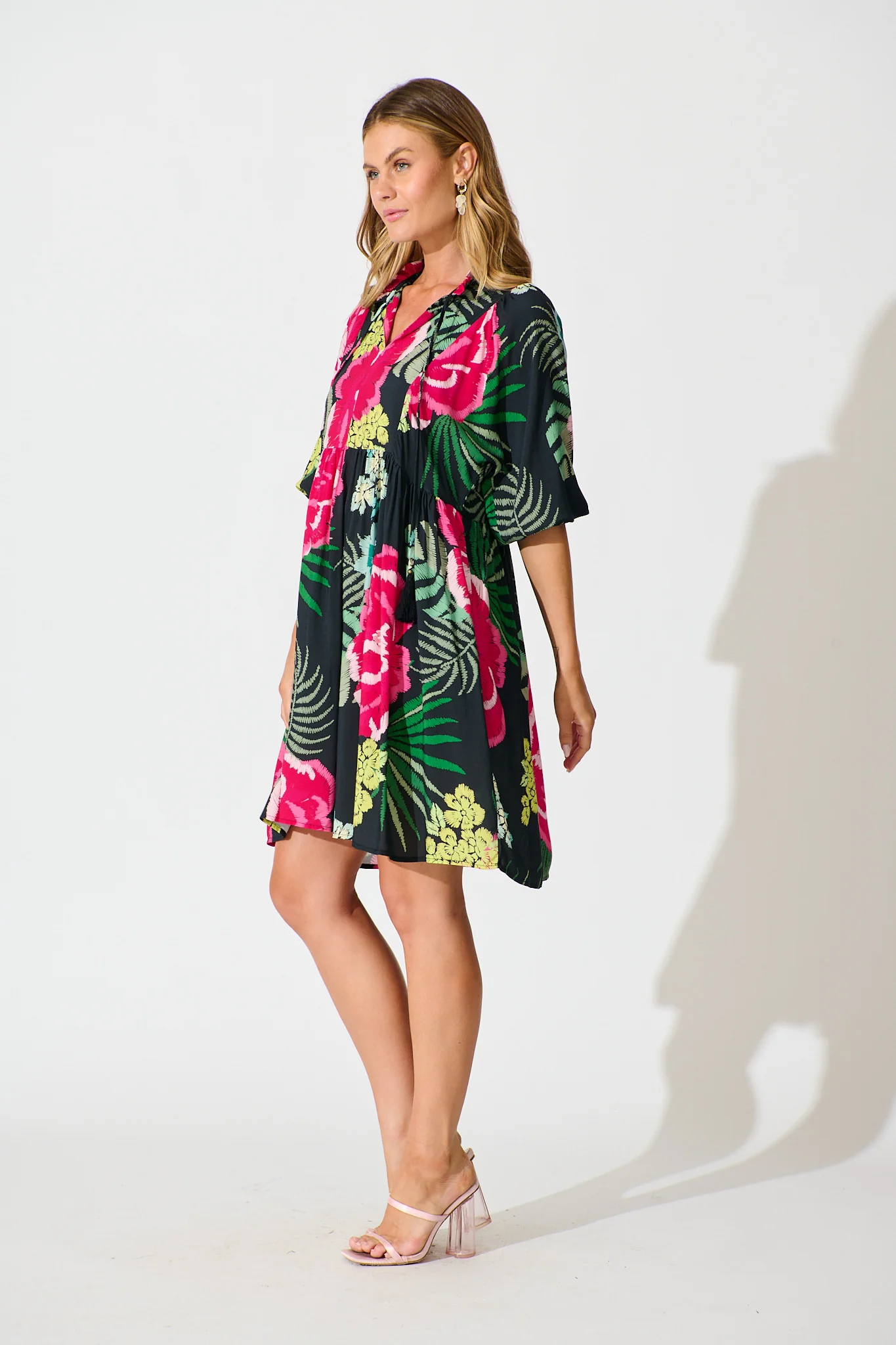 Darcie Smock Dress In Black with Pink Floral - Image 3
