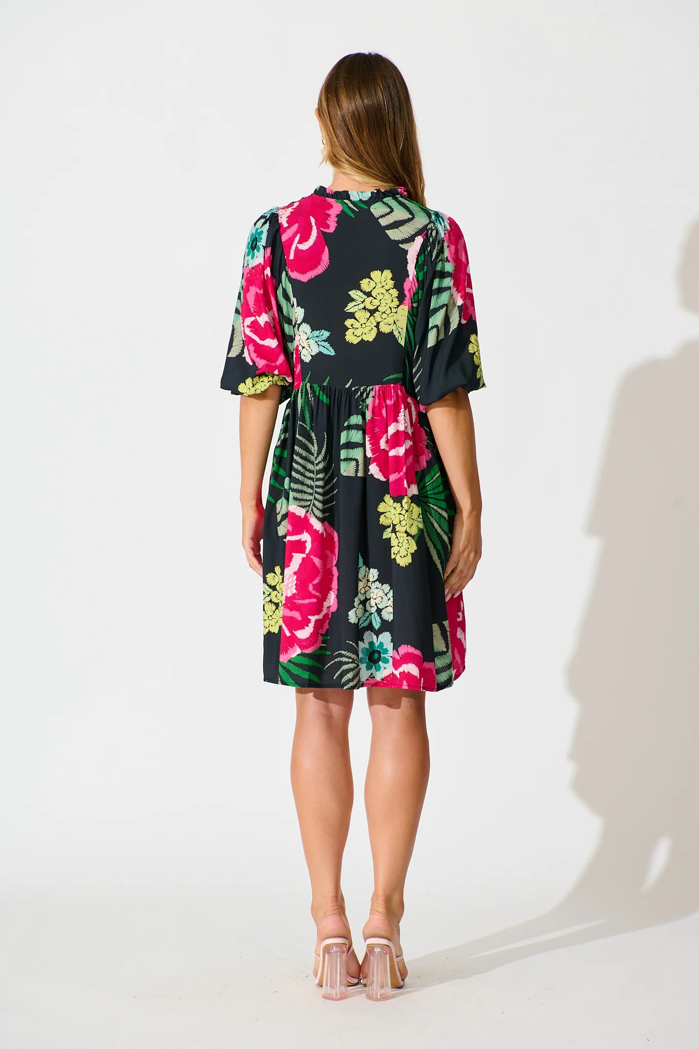 Darcie Smock Dress In Black with Pink Floral - Image 4