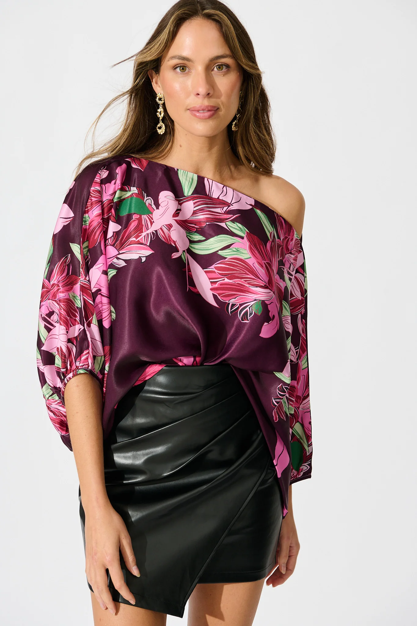 Darcy Off shoulder Top in Plum with Pink Floral Print - Image 2