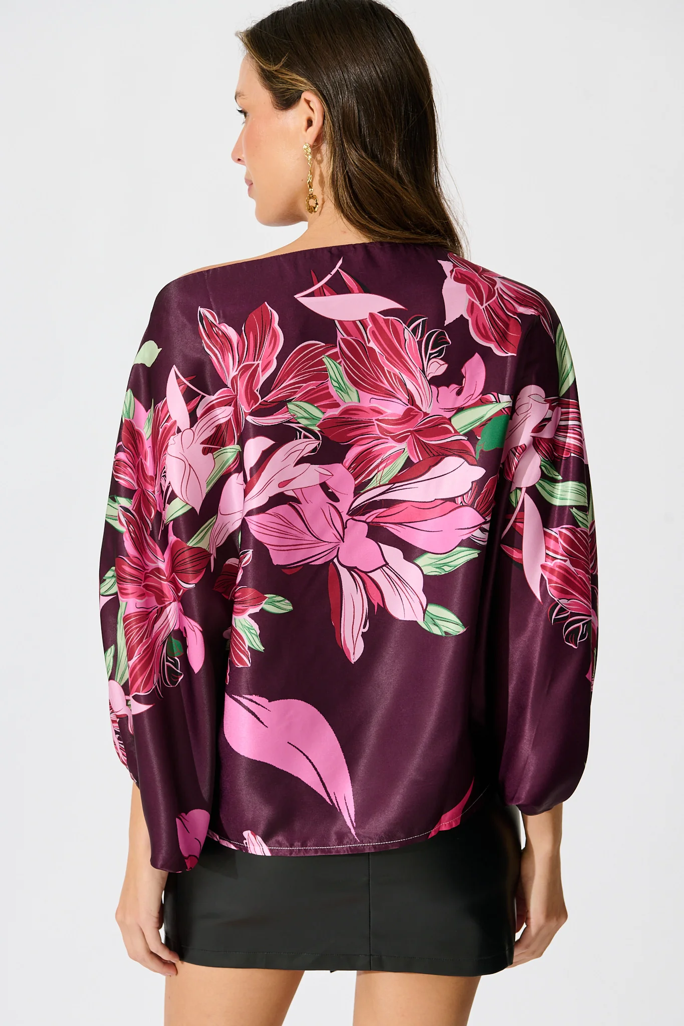 Darcy Off shoulder Top in Plum with Pink Floral Print - Image 5