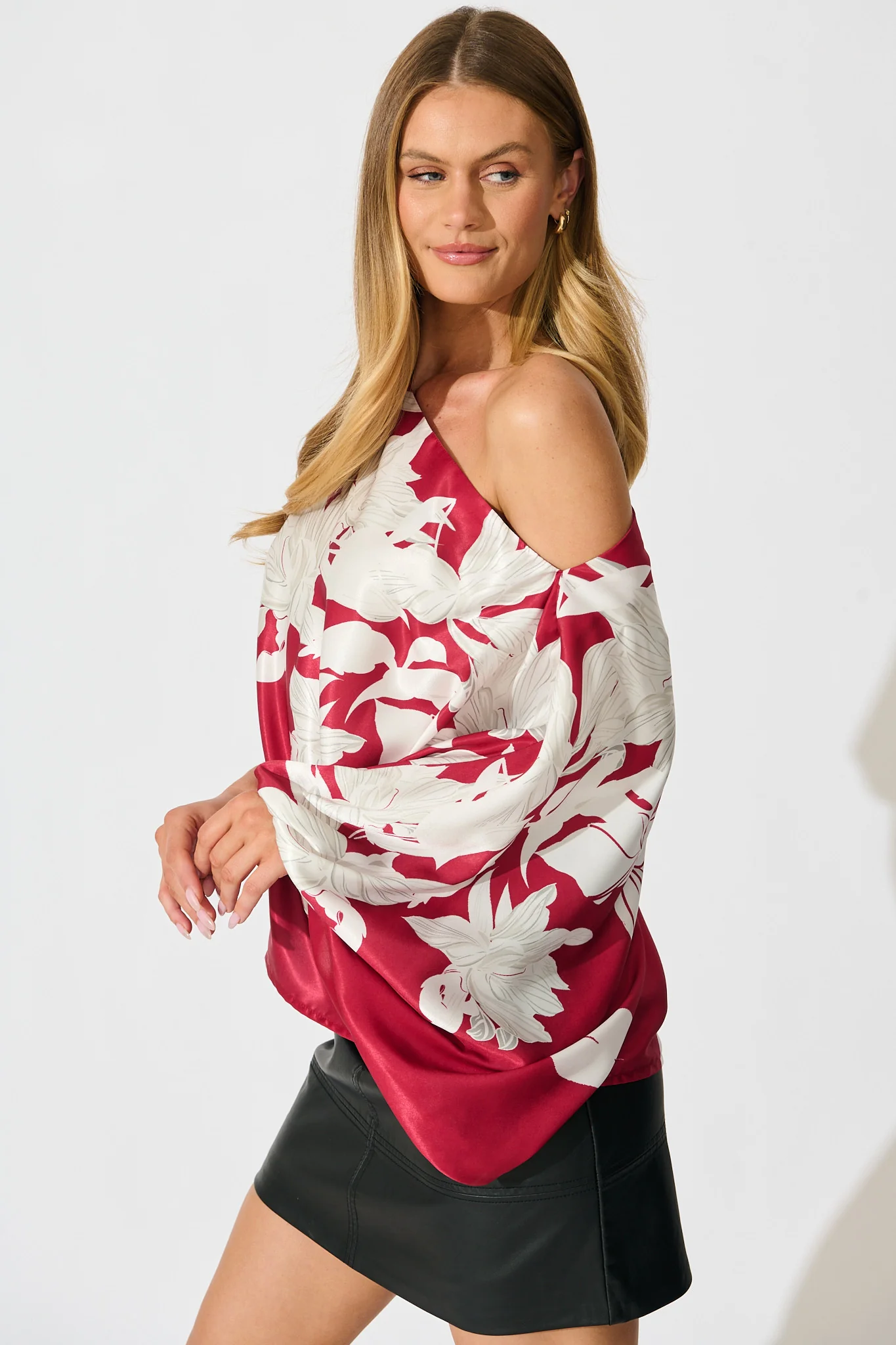Darcy Off Shoulder Top in Red with White Floral Print Satin - Image 2
