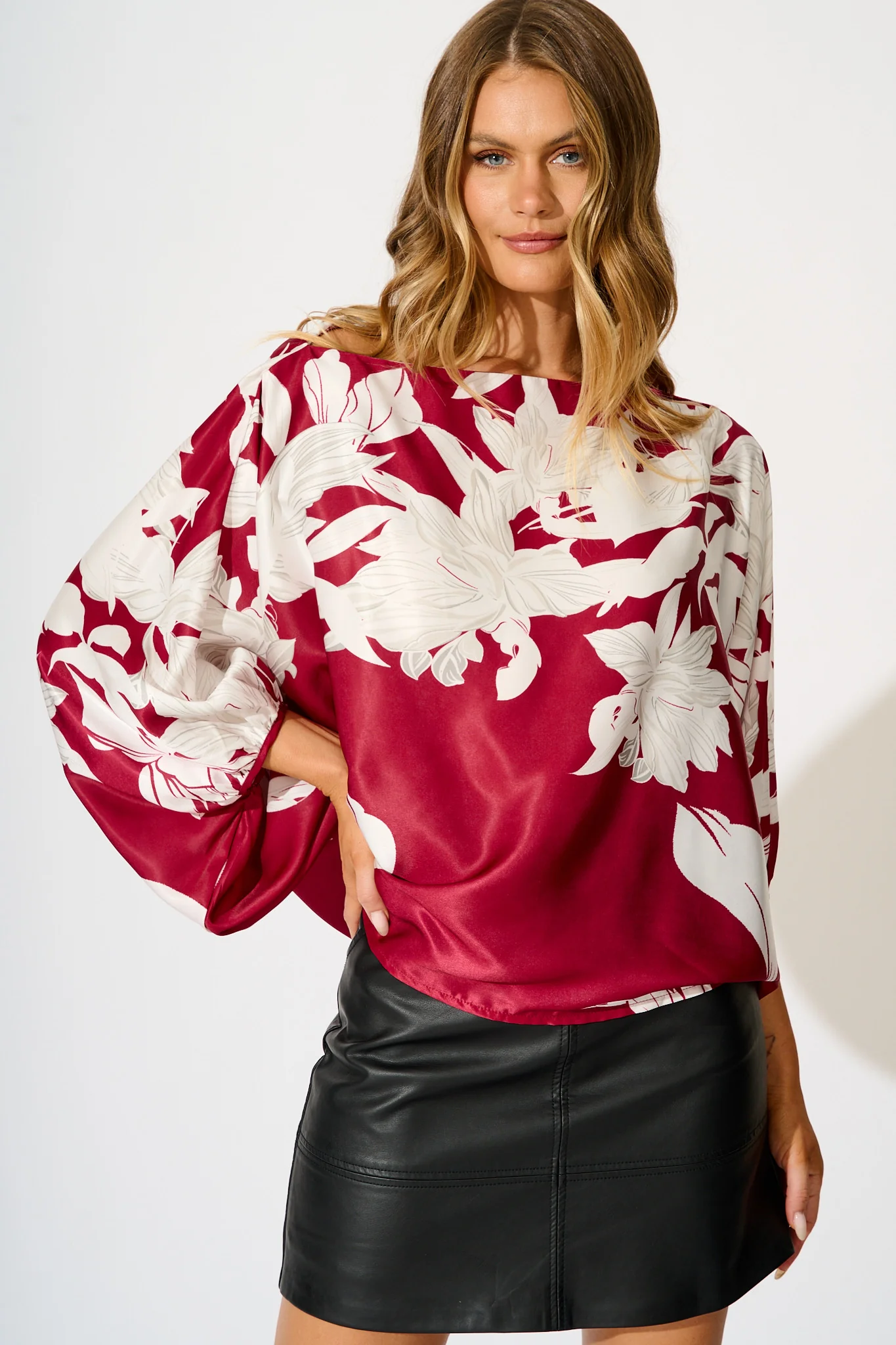 Darcy Off Shoulder Top in Red with White Floral Print Satin - Image 4
