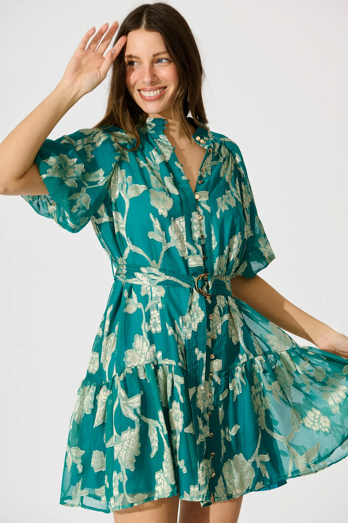 Dawnfall Dress in Teal with Pale Gold Floral Burnout Chiffon - Image 2