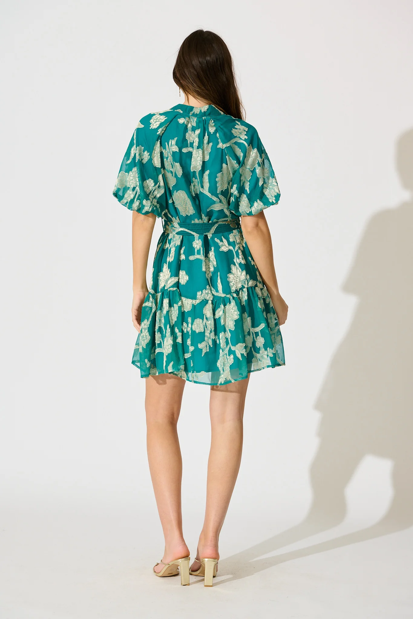 Dawnfall Dress in Teal with Pale Gold Floral Burnout Chiffon - Image 4